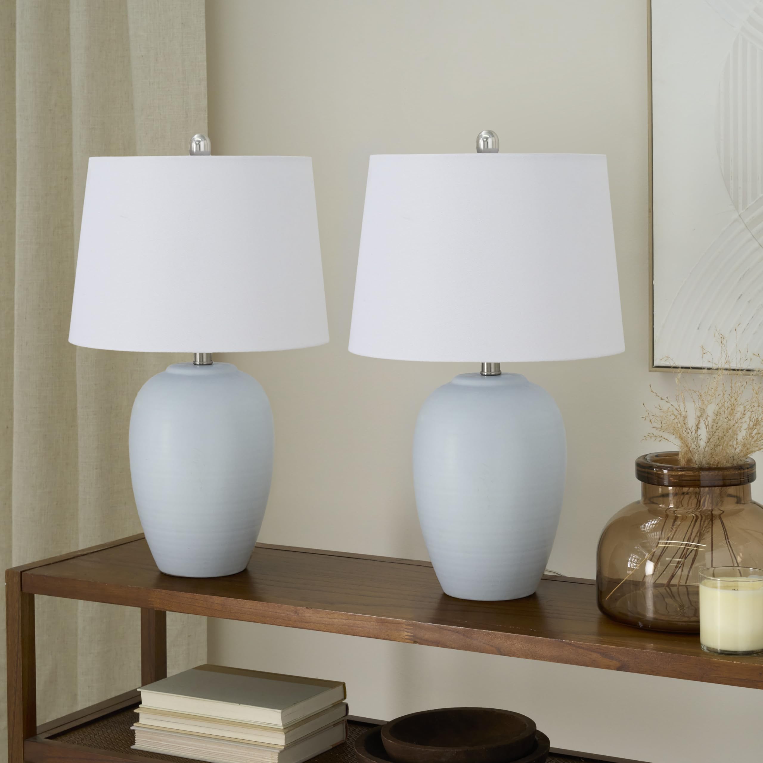 Nourison 23" Coastal Blue Ceramic Pot Table Lamp for Bedroom, Living Room, Dining Room, Entryway, with White Shade, Set of 2 Lamps