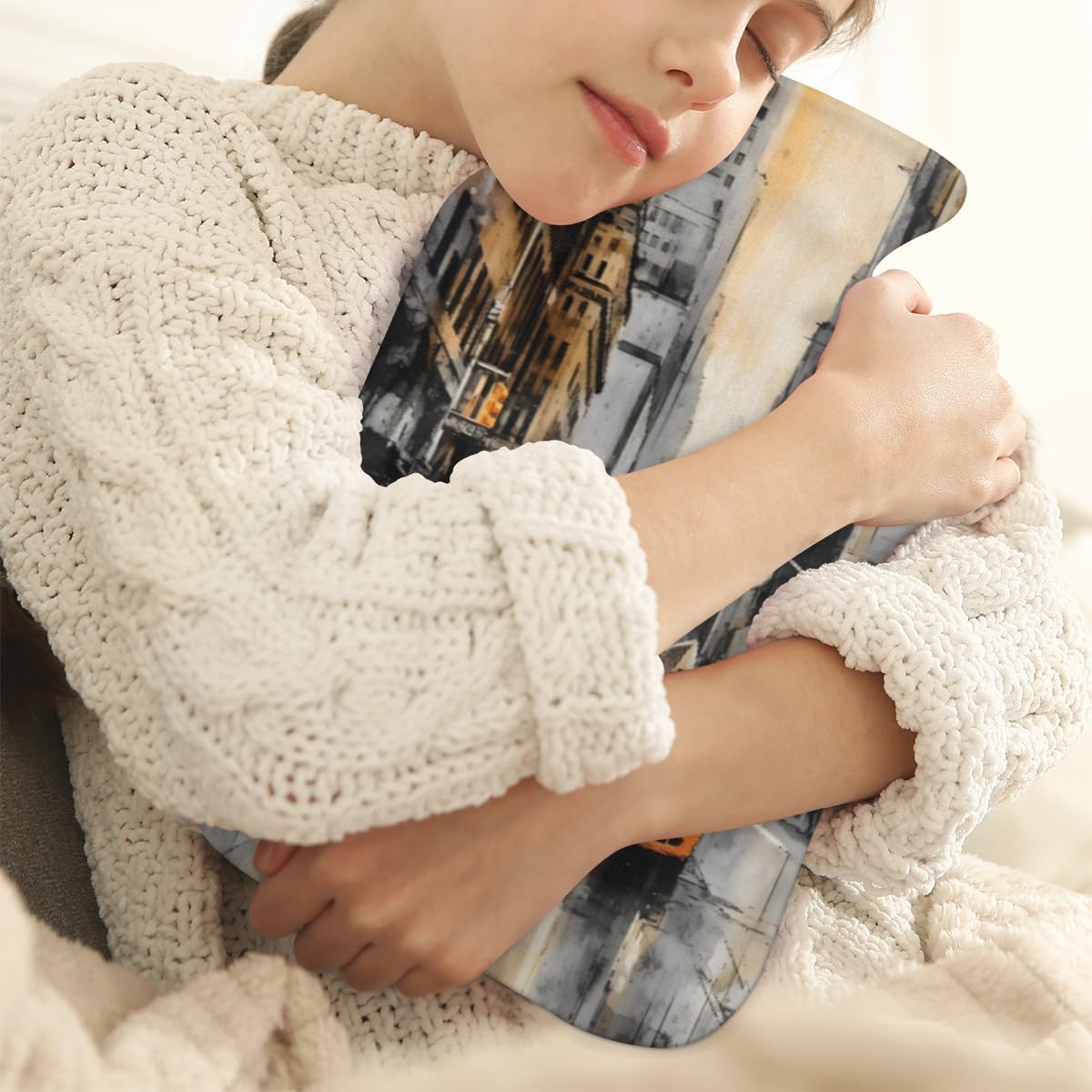 Hot Water Bottle with Soft Cover,2L Watercolor City Hot Water Bag for Hot and Cold Compress, Hand Feet Warmer, Abstract City Rubber Hot or Cold Water Bottle Halloween Christmas Decorations