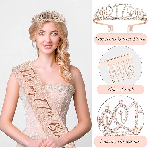 Miniatura 2 de 8 decoraciones de cumpleaños número 17 para niñas, incluye adorno para pastel de cumpleaños de 17 años, banda de reina de cumpleaños con alfiler de