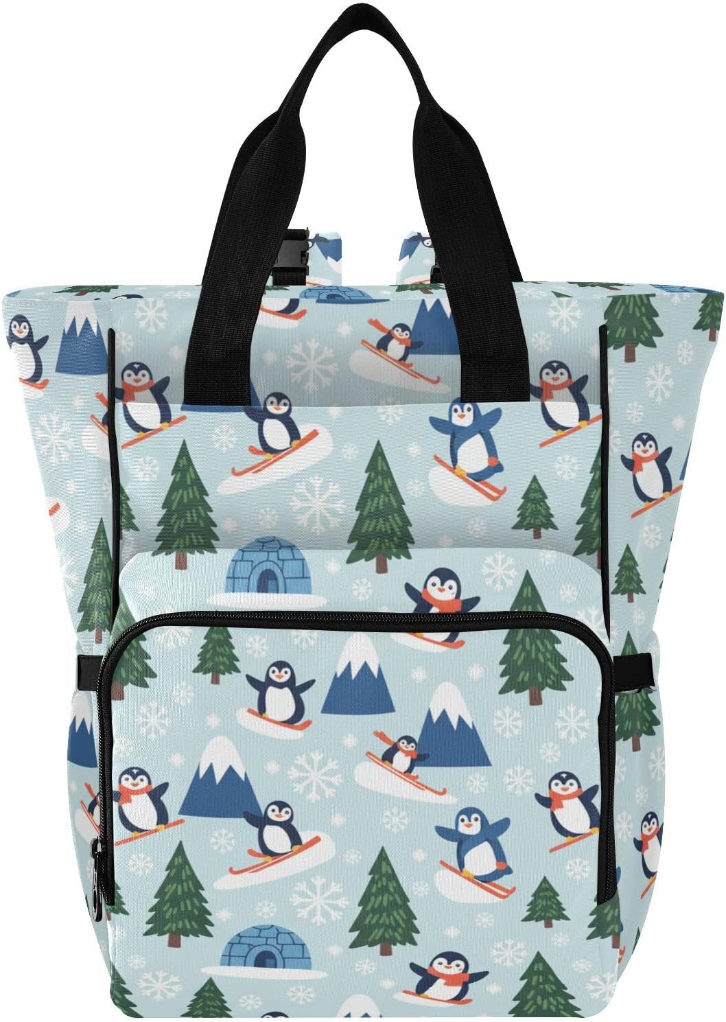 Winter Penguins Snowboards Blue Pattern Diaper Bag Backpack for Baby Boys Girls Multifunction Baby Essentials Travel Tote with Stroller Straps & Bottle Storage Maternity Travel Bag for Moms Baby