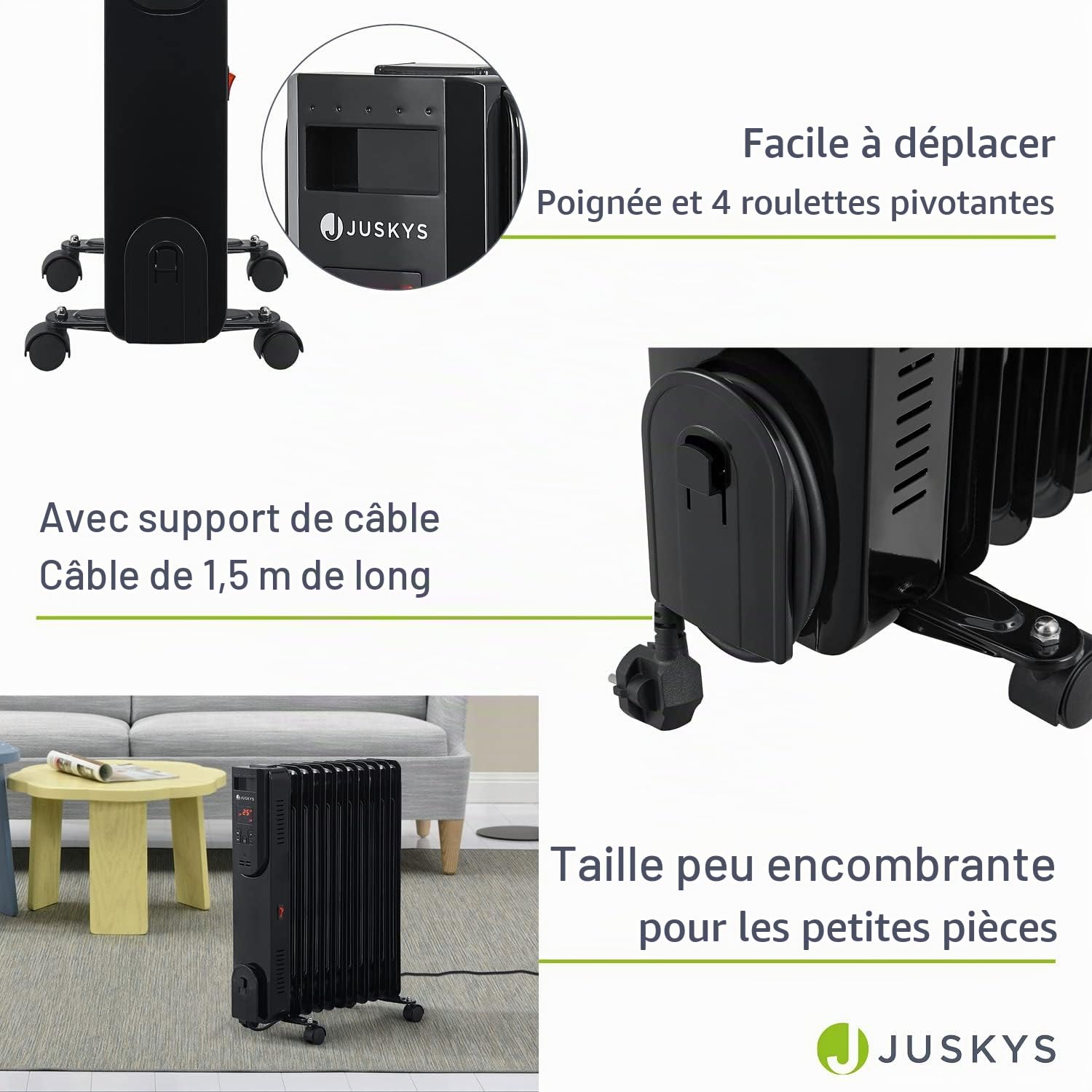Juskys chauffage électrique radiateur à l'huile 2 500 watts - chauffage électrique avec 3 niveaux, thermostat, minuterie 12 h et protection contre la surchauffe - radiateur noir