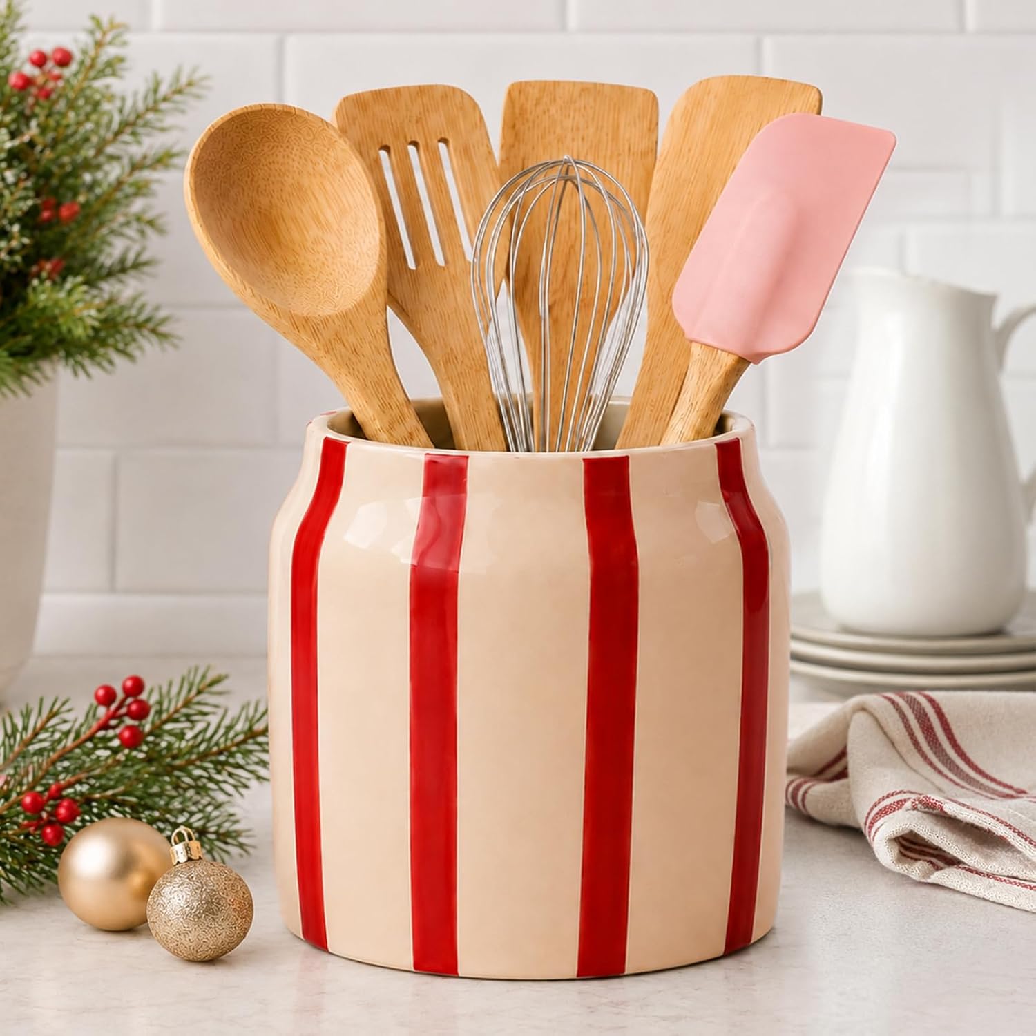 Ceramic Kitchen Utensil Holder 6.3'' Red and Beige Striped