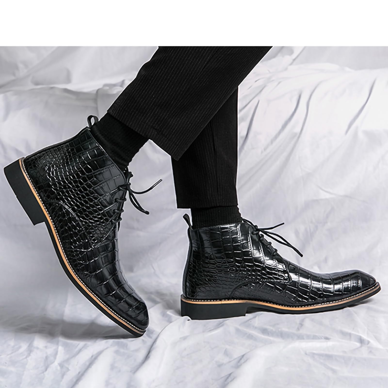 Męskie sznurowane buty Oxford ze skóry PU wzór krokodyla botki Chukka, Czarny, 41 EU