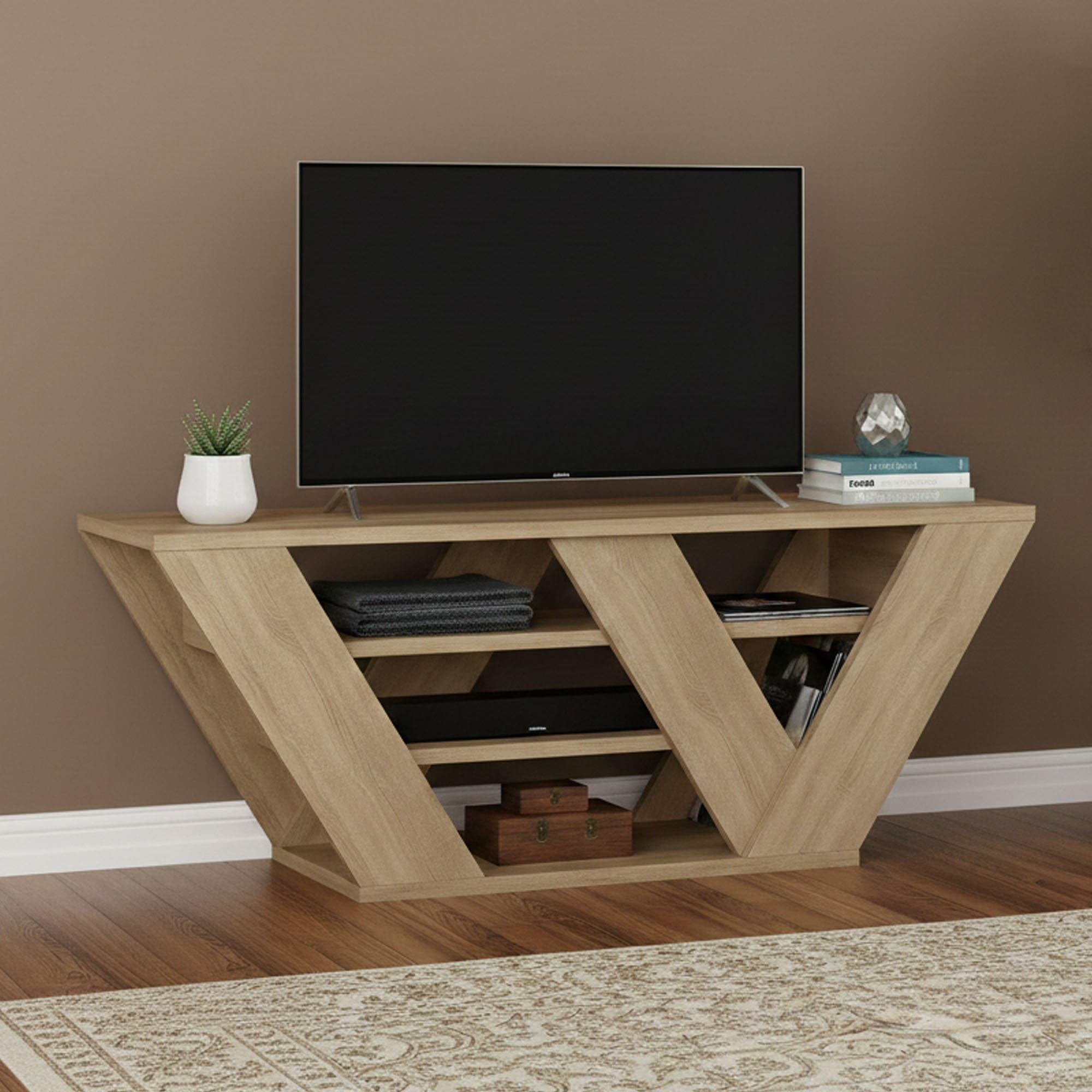 Dmora - Meuble TV Pegasus, Buffet de Salon, Armoire Basse pour TV, Base Murale de Rangement, 110x30h40 cm, Chêne