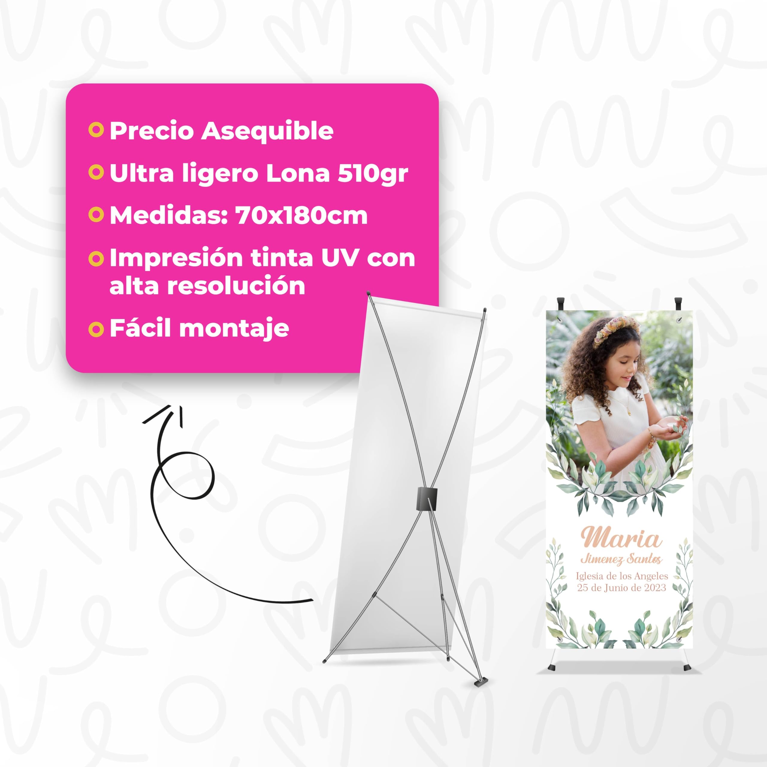 Cartel Personalizado Comunion - Photocall comunion con Foto para Decoracion | Print Stamp Love, Decoracion comunion, Lona personalizada PVC Resistente con Estructura, Montaje fácil (70x180cm) MODELO 3