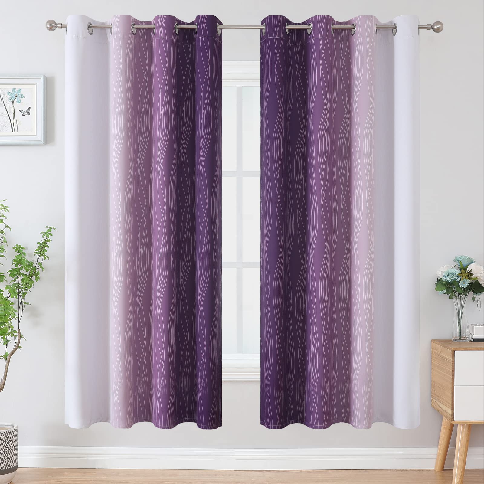 Ombre Gardinen mit Ösen, Wohnzimmer Schallschutz Vorhänge, Farbverlauf Thermo Vorhang gegen Kälte Blickdicht, Verdunklungsvorhäng 183 cm Lang, H 183 x B 132 cm, Violett und Weiß, 2er Set