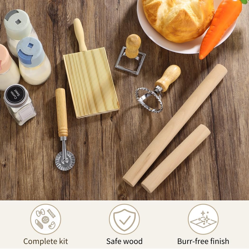 6-Piece Homemade Pasta Tool Kit, Includes Rollers, Ravioli Stamps, Gnocchi Board, And Cutter