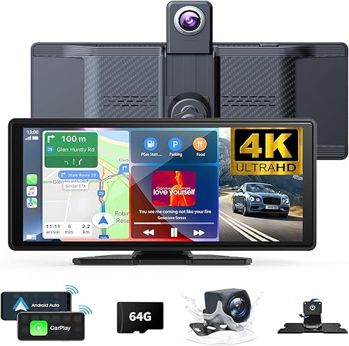 10.26" Wireless Carplay Screen 360 Rotation 4K Dash Cam Carplay & Android Auto Car Stereo Car Audio Receivers with 1080p Backup Camera GPS Navigation/Mirror Link/Voice Control/Siri