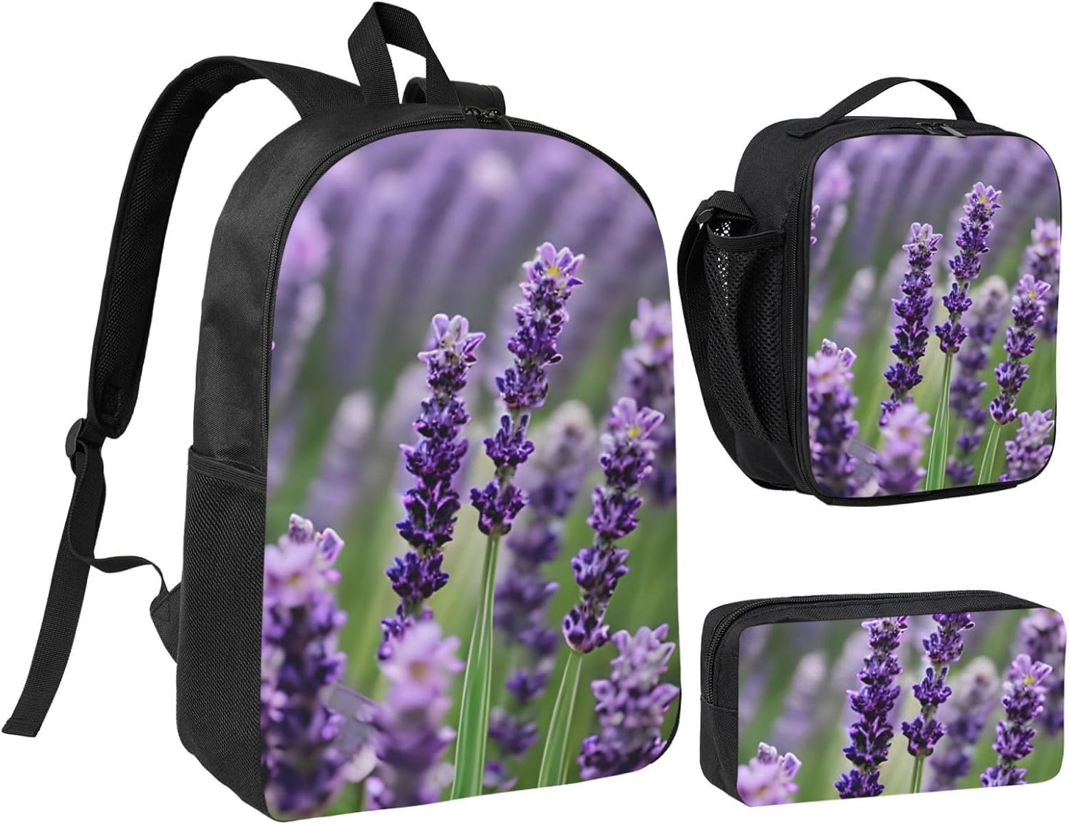Purple Lavender Floral Flowers print 3 Piece Backpack Bags with Lunch Box Pencil Case Set for Travel Work Camping Unisex