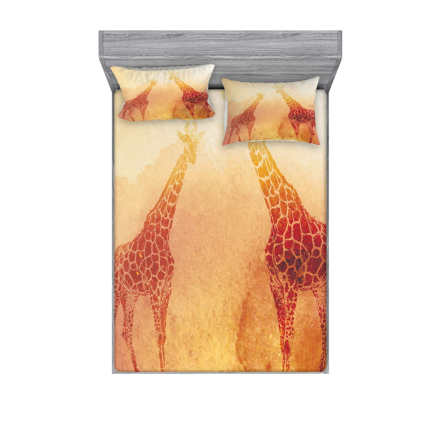 Ambesonne Safari Fitted Sheet & Pillow Sham Set, Illustration Tropic Giraffes Tallest Neck Animal Mammal in Retro Vintage Print, Decorative Printed 3 Piece Bedding Decor Set, Queen, Orange