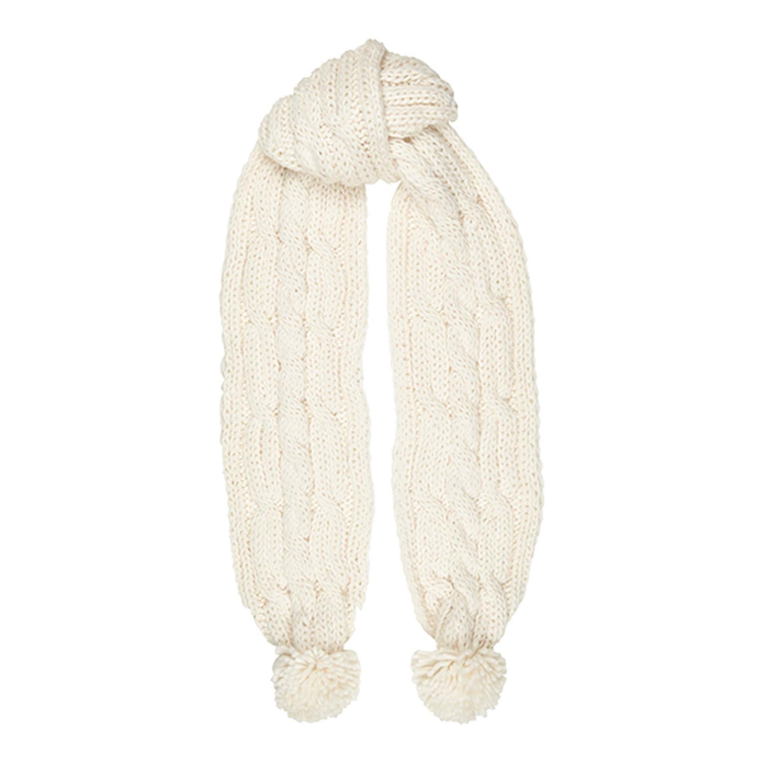 Aran Traditions Large Cable Knit Style Faux Fur Pom Pom Scarf (Light cream)