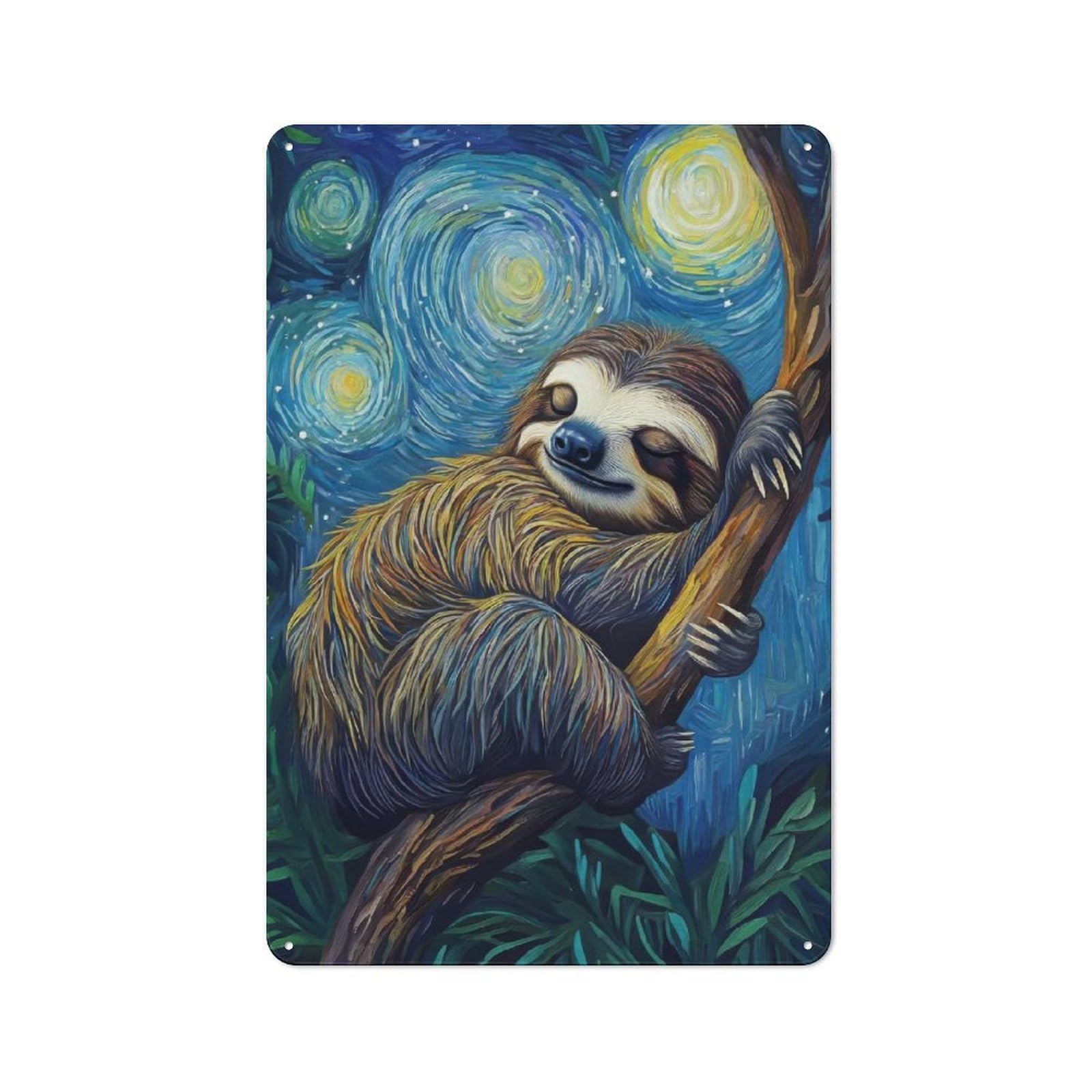 Junmoney Style-19 Vintage Metal Plaque 30X20cm Featuring Sloth In Starry Night, Diner Style Decor For Restaurant, Kitchen, Counter Or Breakfast Nook