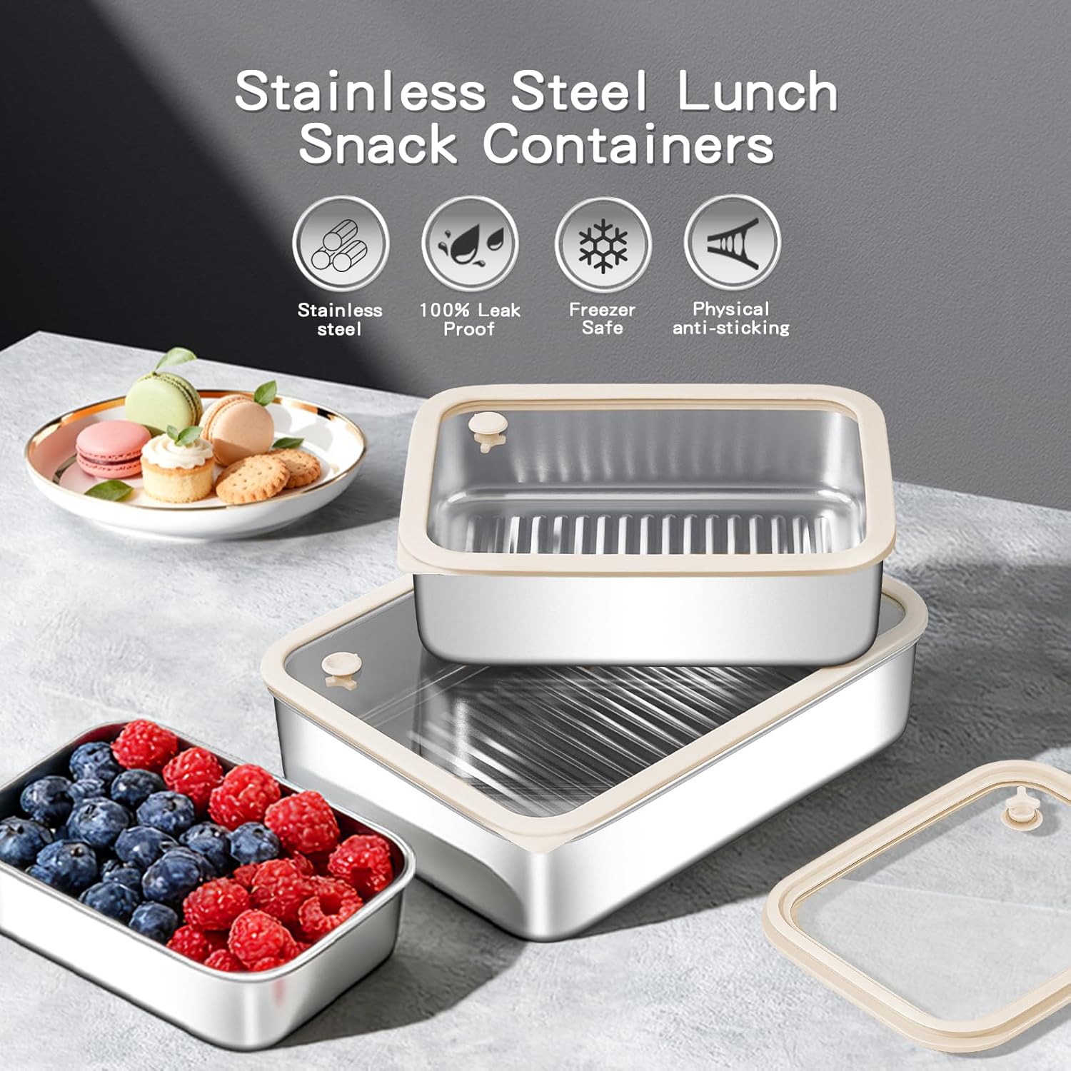 GIUOIDUO 3-Piece Extra Thick 304 Stainless Steel Food Storage Containers with Non-Stick Bottom, Airtight Glass Lids & Silicone Seal, Stackable Kitchen Organization Boxes for Food Preservation
