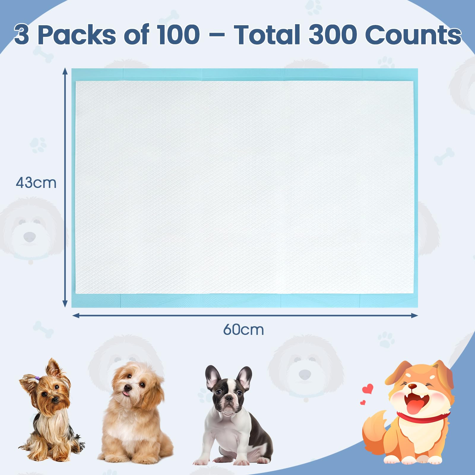 COSTWAY Almohadillas de Adiestramiento de Perros y Cachorros, 60 x 43 cm (300 Unidades) Empapadores Perros de 6 Capas, Almohadillas Desechables, Transpirables, Secado Rápido, A Prueba de Fuga