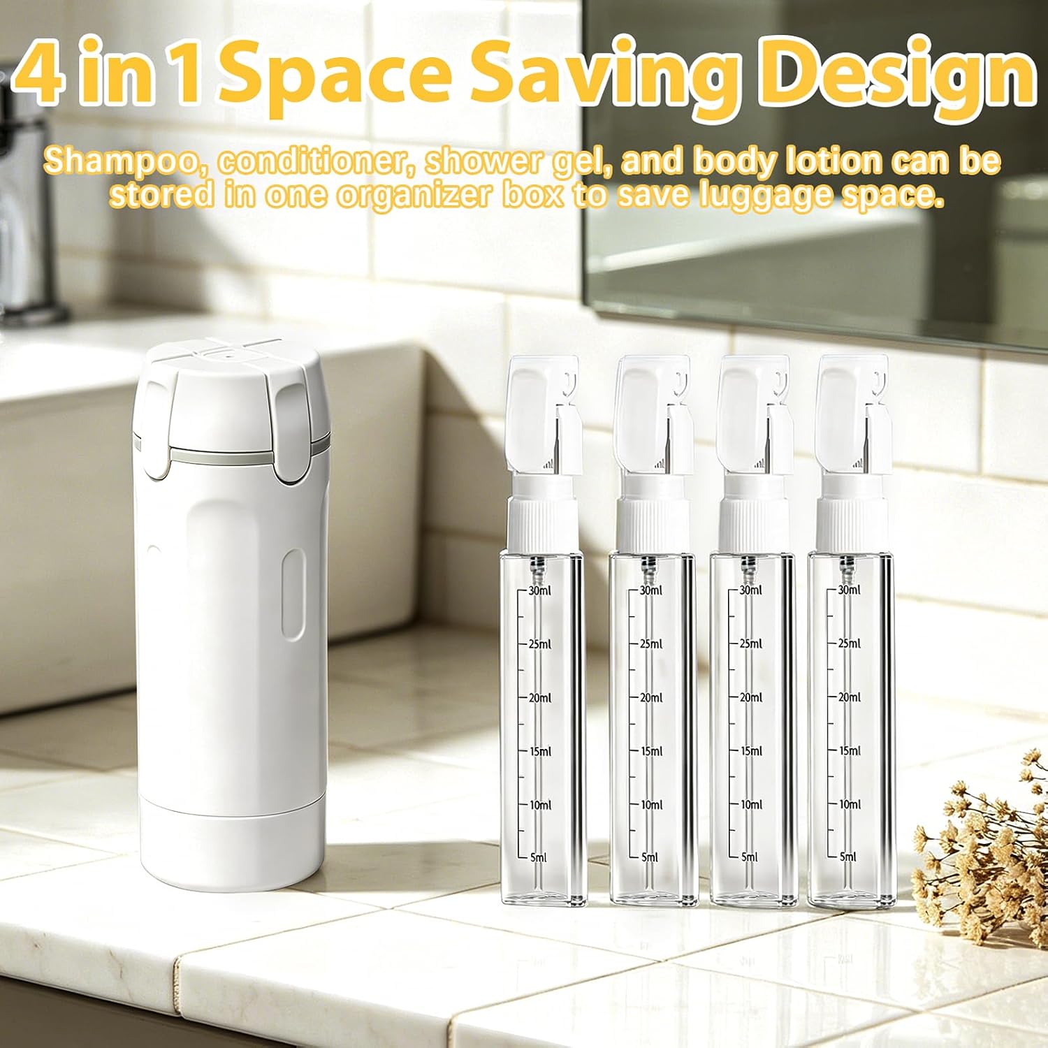 4 in 1 Travel Bottles for Toiletries Leak Proof Pump Dispenser Set - Refillable Travel Containers with Labels & Scale, Portable Shampoo Lotion Bottles for Carry On Travel Gym
