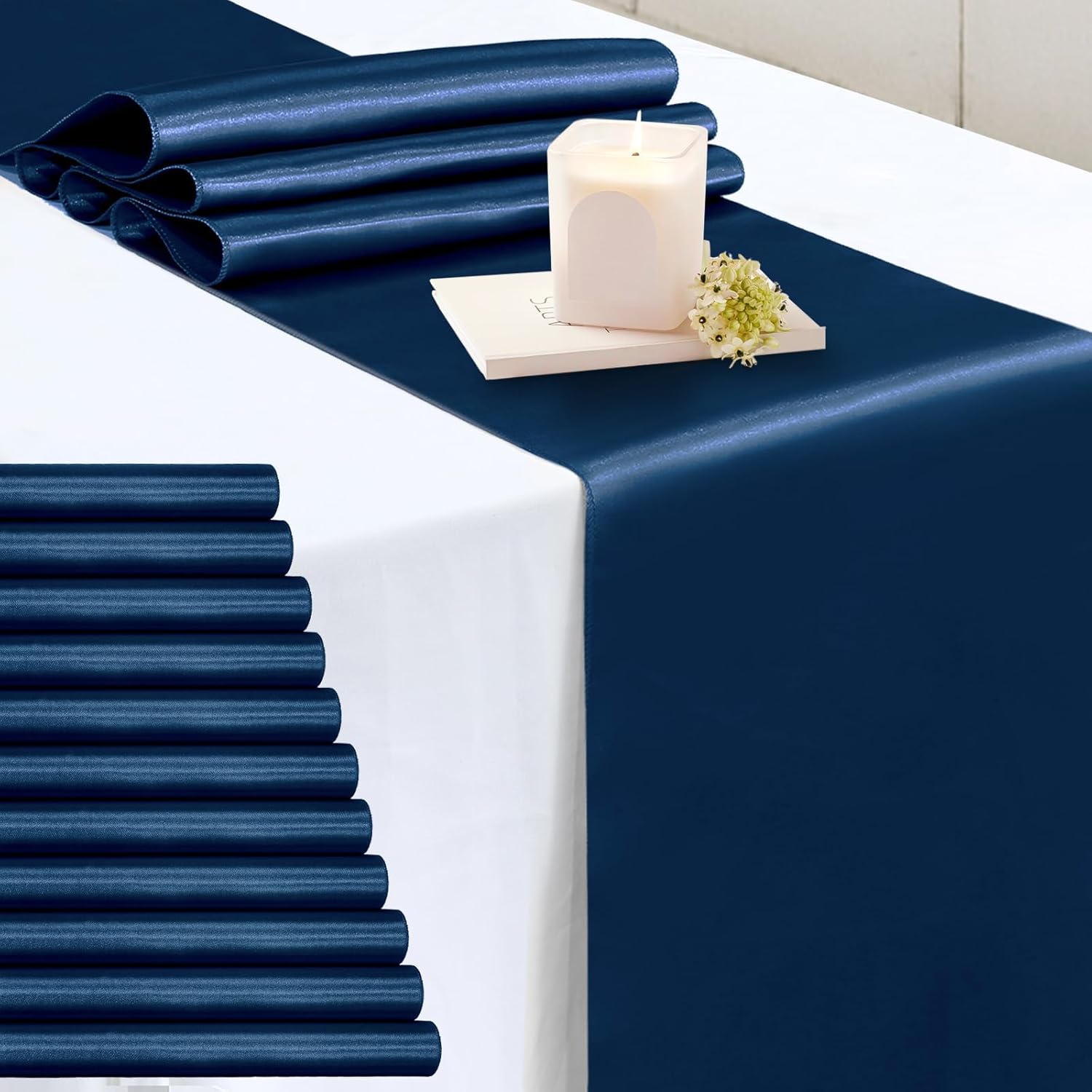 P Pothuiny 12 Pcs Navy Blue Satin Table Runner 12 x 72 Inch Long Smooth Wedding Table Runners for Banquets, Graduations and Birthday Party Decoration