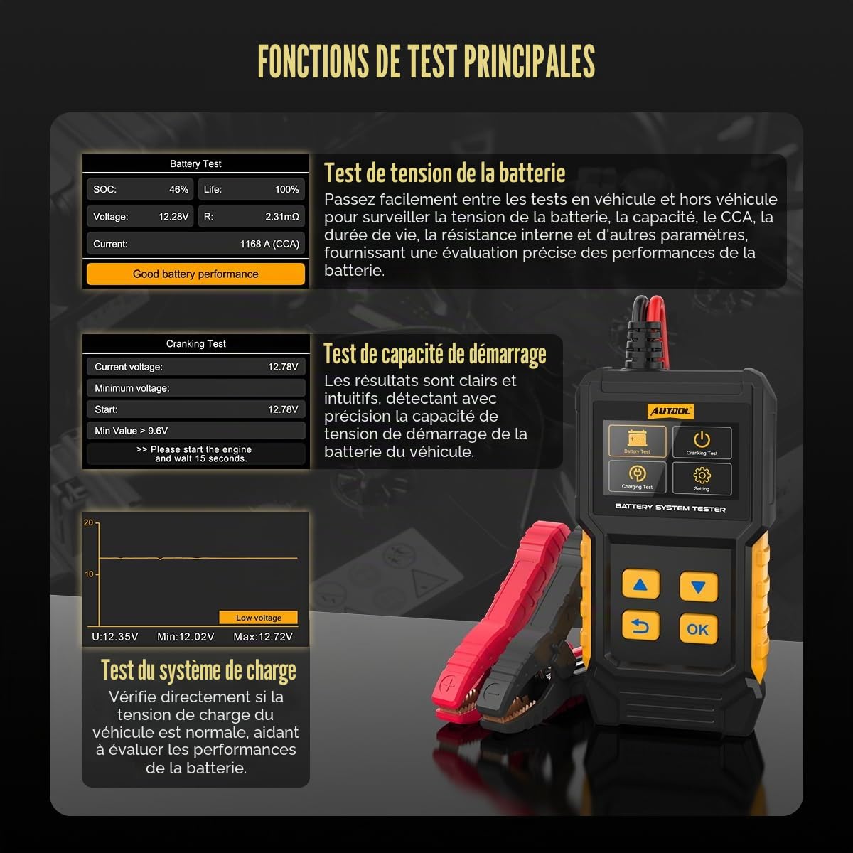AUTOOL BT360 Testeur de batterie de voiture 12 V 24 V 30-2000 CCA Testeur de batterie de voiture Analyseur de système de charge et de chargement pour voitures, motos, camions, bateaux, véhicules