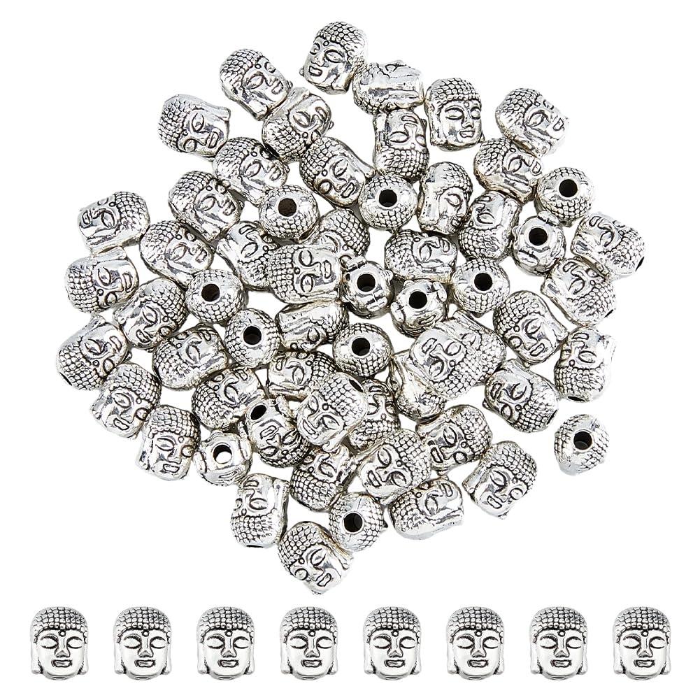 DICOSMETIC 60Pcs Metal Buddha Beads Tibetan Style Alloy Beads Antique Silver Buddha Head Spacer Beads Spiritual Loose Beads Buddhist Spacer Beads for DIY Jewelry Making, Hole: 2mm