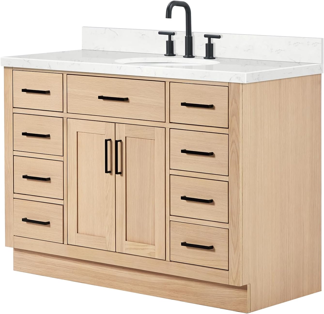 ARIEL Hepburn 48-inch Bathroom Vanity with Sink,Solid Wood, 1.5-inch Carrara White Quartz Countertop & Backsplash, Single Oval Porcelain Sink, 2 Soft Closing Doors, 9 Dovetail Drawers, White Oak