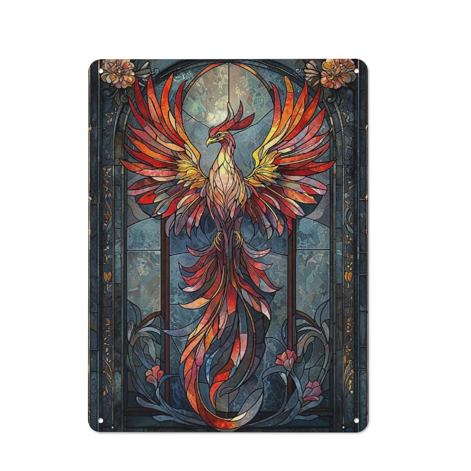 Cottage Tin Sign 40x30cm Featuring Stained Glass Phoenix, Porch Wall Decor for Shed, Garden Room, Porch Or Garage