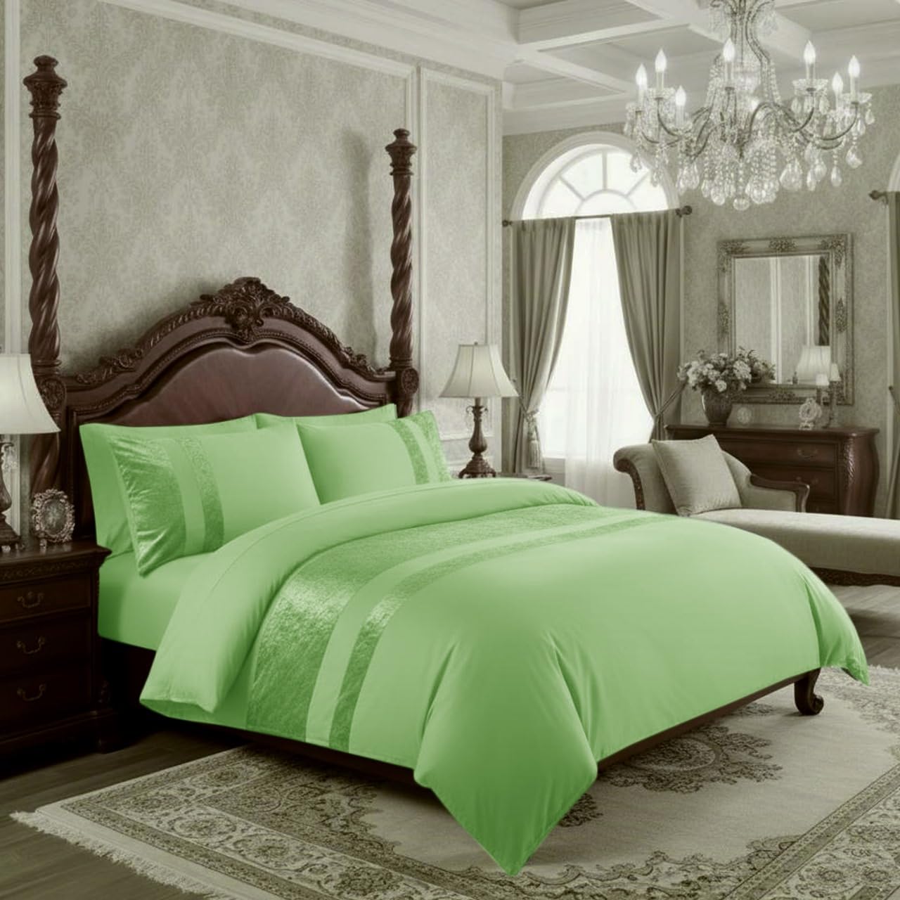Casabella Luxury Crushed Velvet Panel Band Duvet Cover Sets with Pillow Case Super King Duve Cover Bedding Set – Sage Green Crush Velvet Super King Duvet Cover Sets
