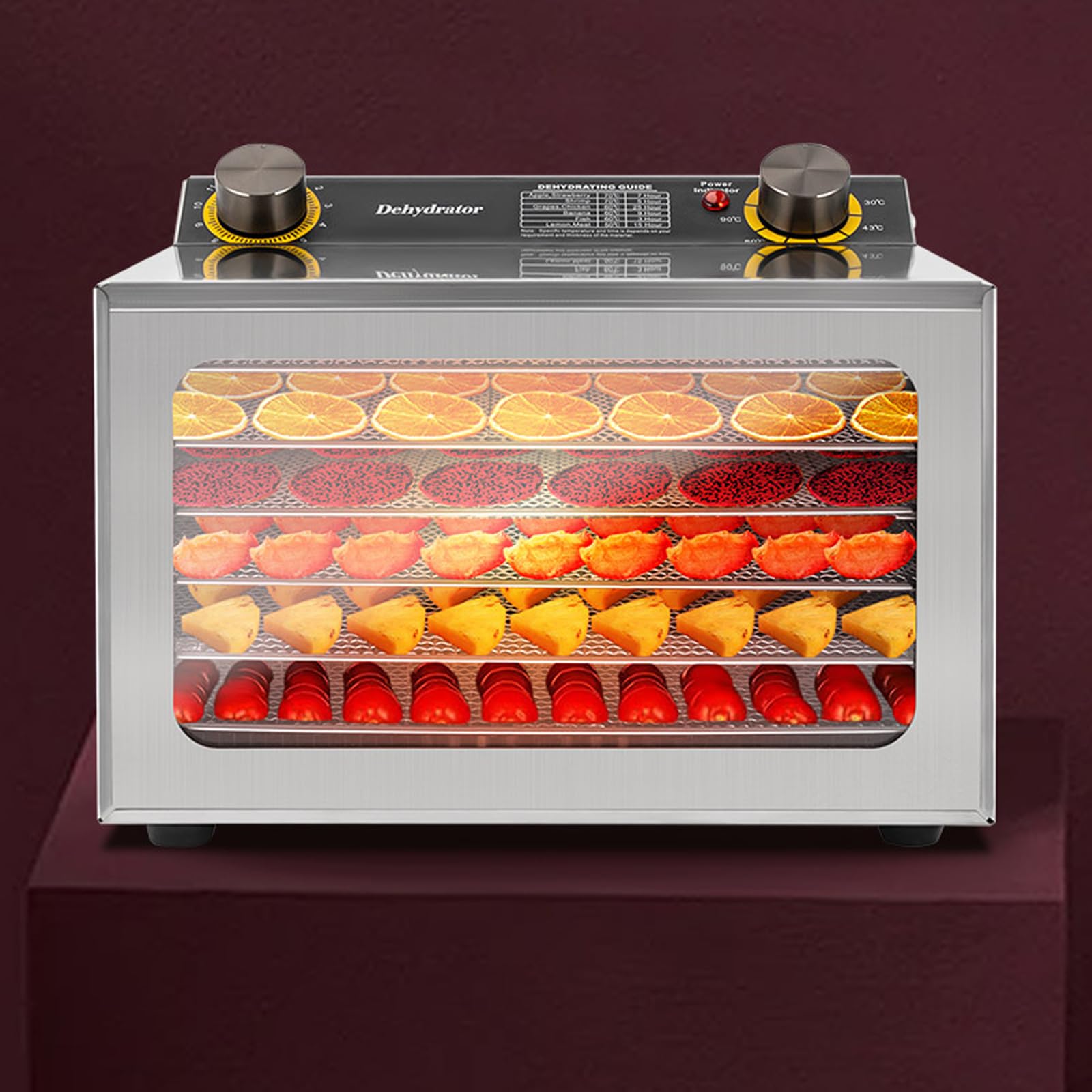 Suszarka ze stali nierdzewnej, z tackami o regulowanej wysokości, wyświetlacz LED, 400 W, 30-90°C, timer 12 h, do żywności, grzybów, owoców, mięsa, ryb, warzyw, bez BPA