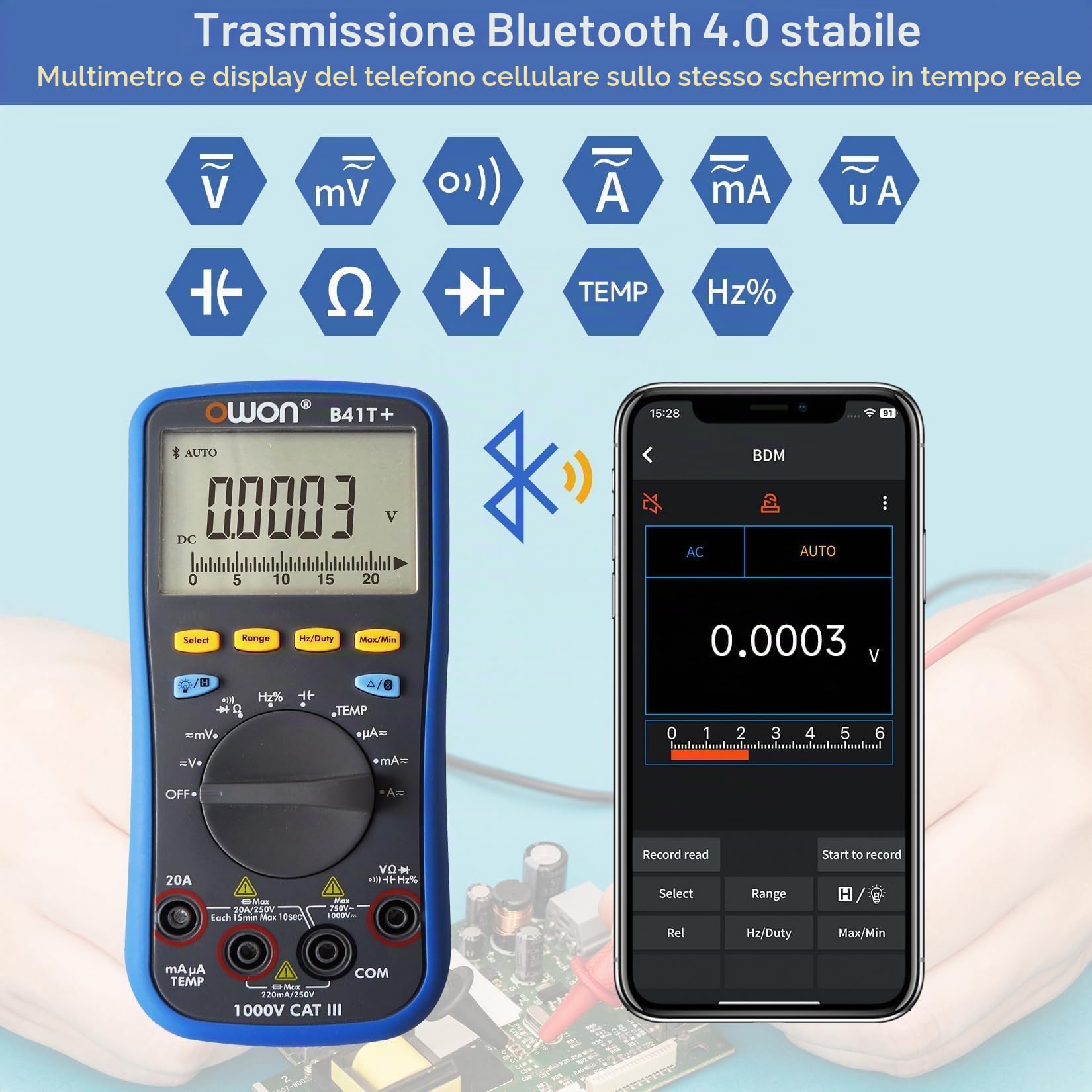 OWON B41T+ Bluetooth Multimetro Digitale Auto-ranging TRMS 22000 Conta Ohmmetro per Tensione AC/DC, Corrente, Resistenza, Continuità, Capacità, Diodi, Misurazione della Temperatura, Voltmetro