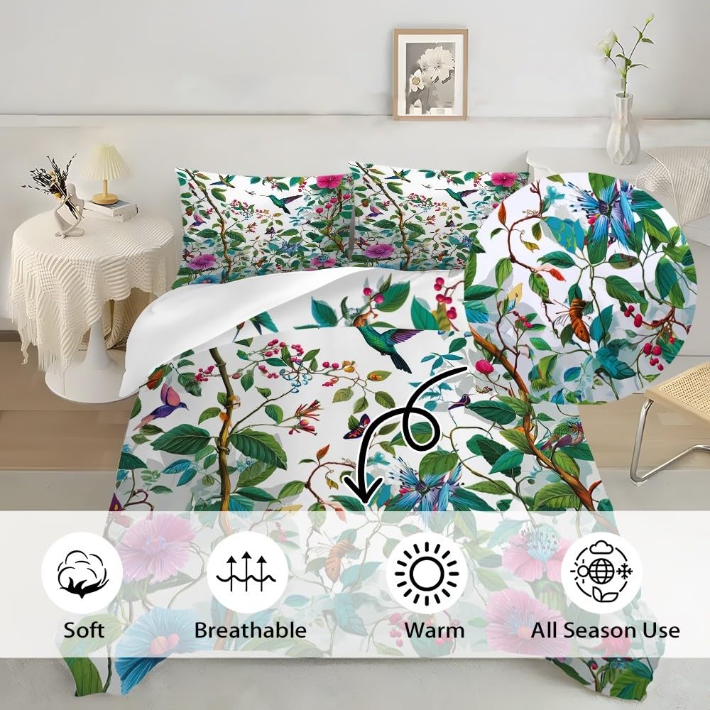 3-częściowy komplet pościeli z motywem kwiatów, motyli, kolibrów, 240 x 220 cm, poszewka na kołdrę z 2 poszewkami na poduszkę 80 x 80 cm, zielona, z mikrofibry, z zamkiem błyskawicznym, nie wymaga