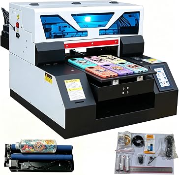UV DTG Printer Machine, A4 L800 UV Flatbed Printer with Bottle Holder, LED Touch Screen, 2880 * 1440dpi, for Bottles Acrylic Phone Case Wood Leather Metal Glass and More
