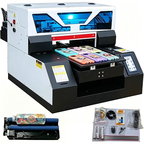 UV DTG Printer Machine, A4 L800 UV Flatbed Printer with Bottle Holder, LED Touch Screen, 2880 * 1440dpi, for Bottles Acrylic Phone Case Wood Leather Metal Glass and More