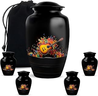 Guitar Urn for Ashes for Women - Urn for Music Lover - Black Funeral Keepsake Urns for Adult Ashes Men - Mini Cremation Memorial Urns for Male & Female - Combo of 10inch & 3 Inch, Pack of 5