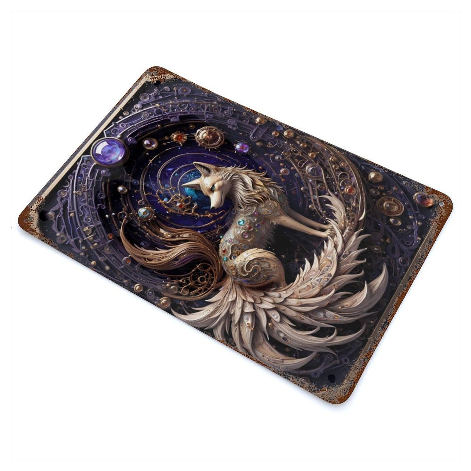 Vintage Metal Tin Sign Cosmic Golden Fox Art Deco 11.8"x7.9", Industrial Home Decor for Farmhouse, Kitchen And Entryway Decor