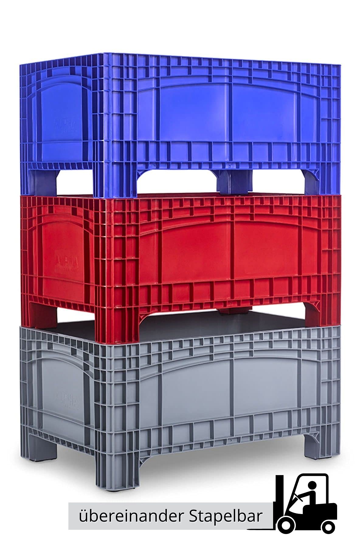 Palettenbox 1200x800x580mm, Boxfabrik NOAH L, Großbehälter, Umzugsbehälter, Transportbox, Kunststoffbehälter, Containerwagen, Transportwanne, Made in Germany (Blau, Füße)