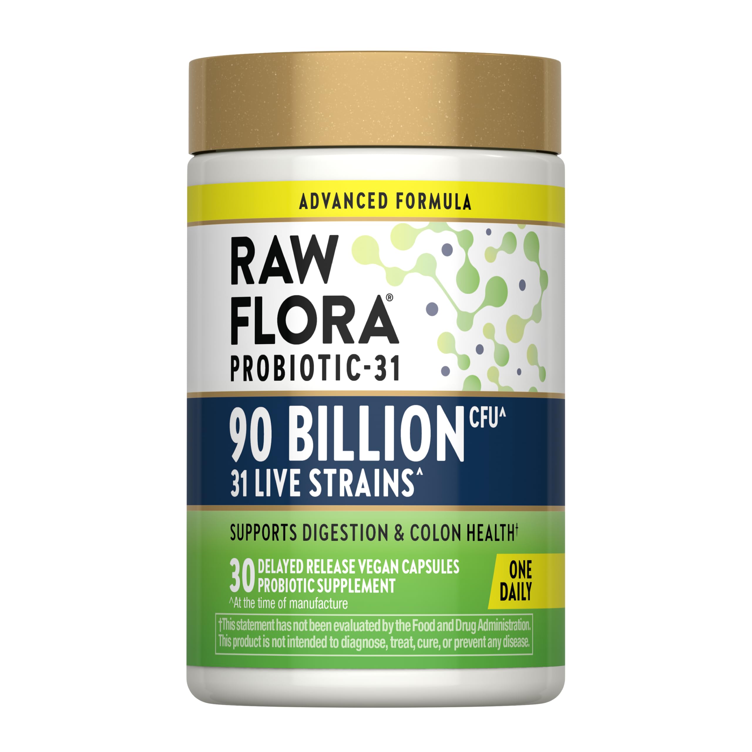 Raw Flora Probiótico com prebiótico, 90 bilhões de UFC, 30 cápsulas