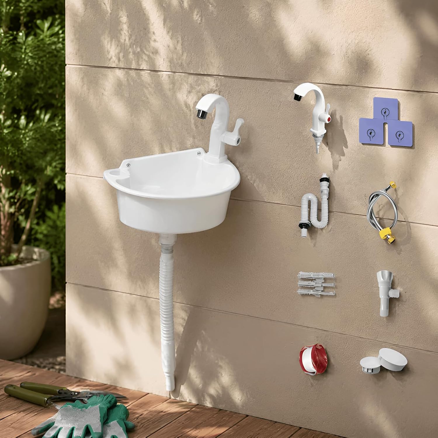 Wall Mounted Sink, White PP Basin with Drain Plug and Pipe