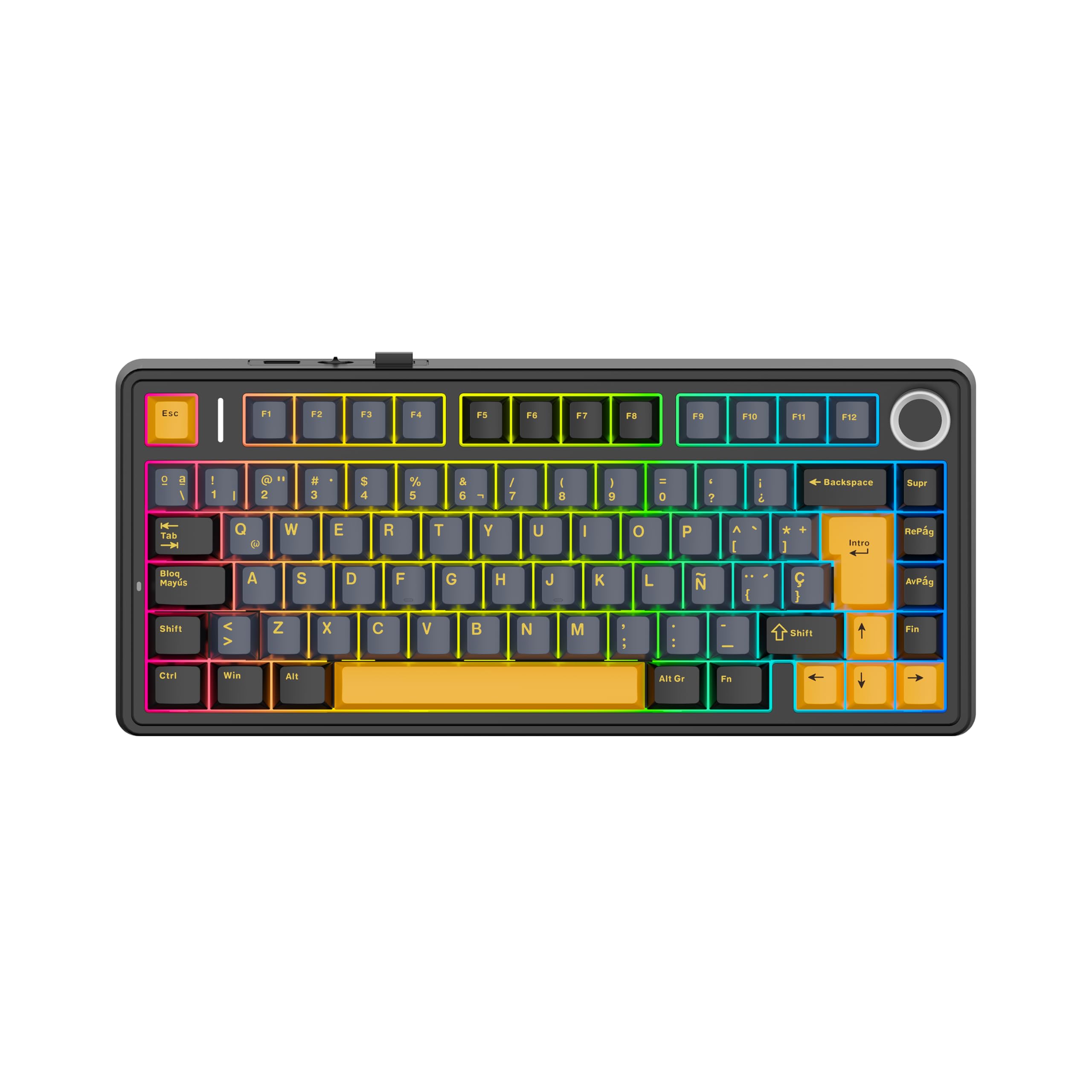 MechLands Aula F75 75% Mechanical Keyboard for Gaming, Spanish QWERTY Distribution, RGB Backlight, BT5.0/USB-C/2.4 GHz Keyboard with Rotary Controller, Reaper Switches for Win/Mac (Black)