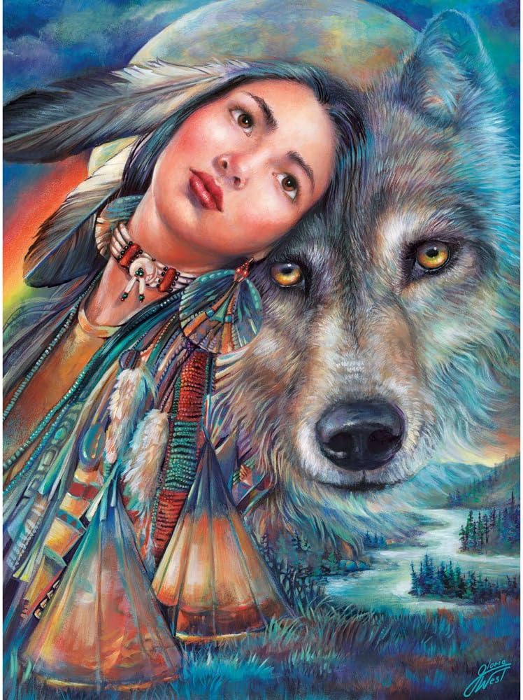 Bits and Pieces – 500 Piece Jigsaw Puzzle for Adults – Dream of the Wolf Maiden - Native American Wolf - by Artist Gloria West, Completed Puzzle Size: 18" x 24"
