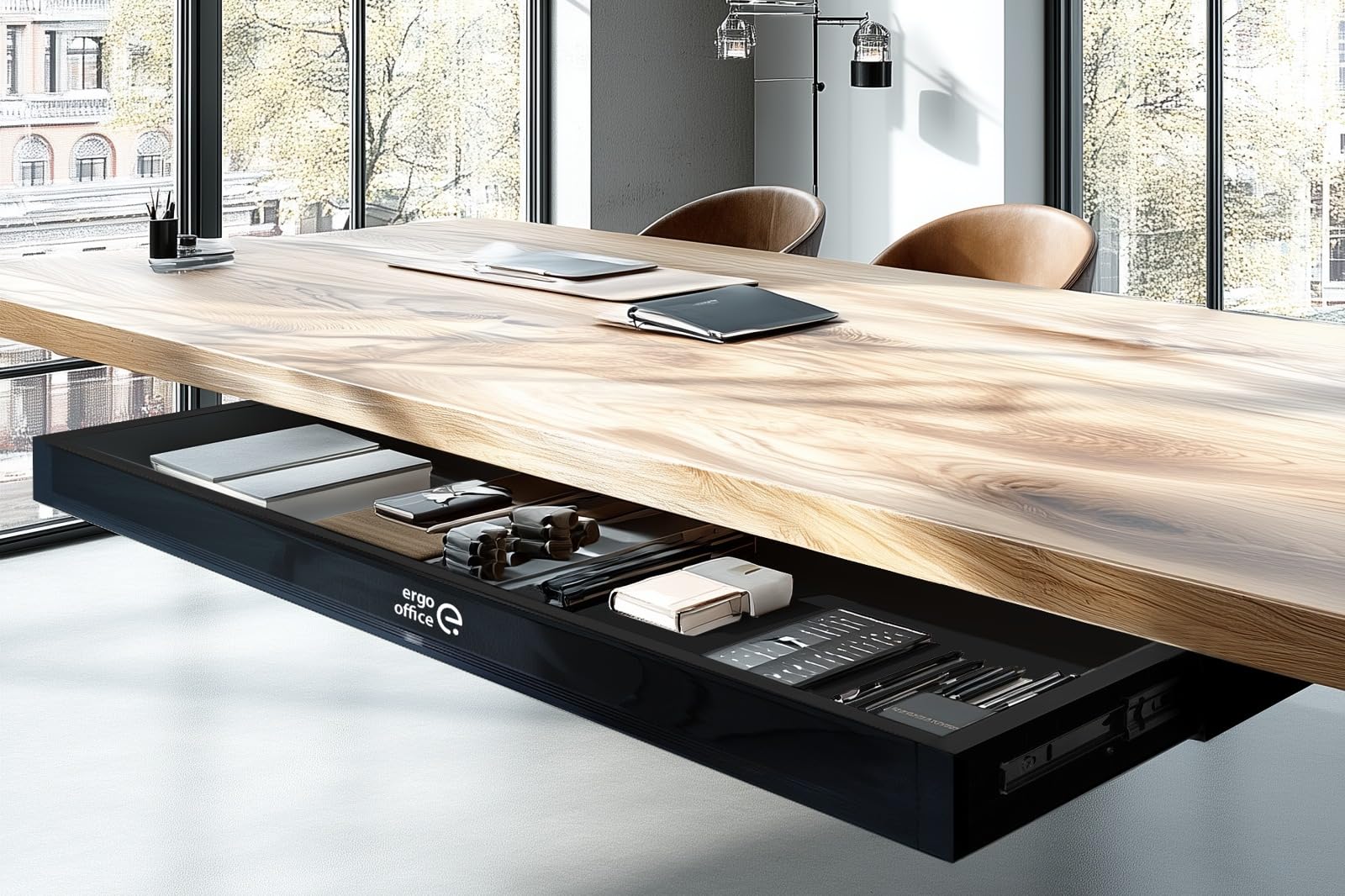 Ergo Office ER-302 Flache Untertisch-Schublade, 758 mm, Schwarz – Kunststoff-Schublade mit Stahlführungen, Tragfähigkeit bis 10 kg