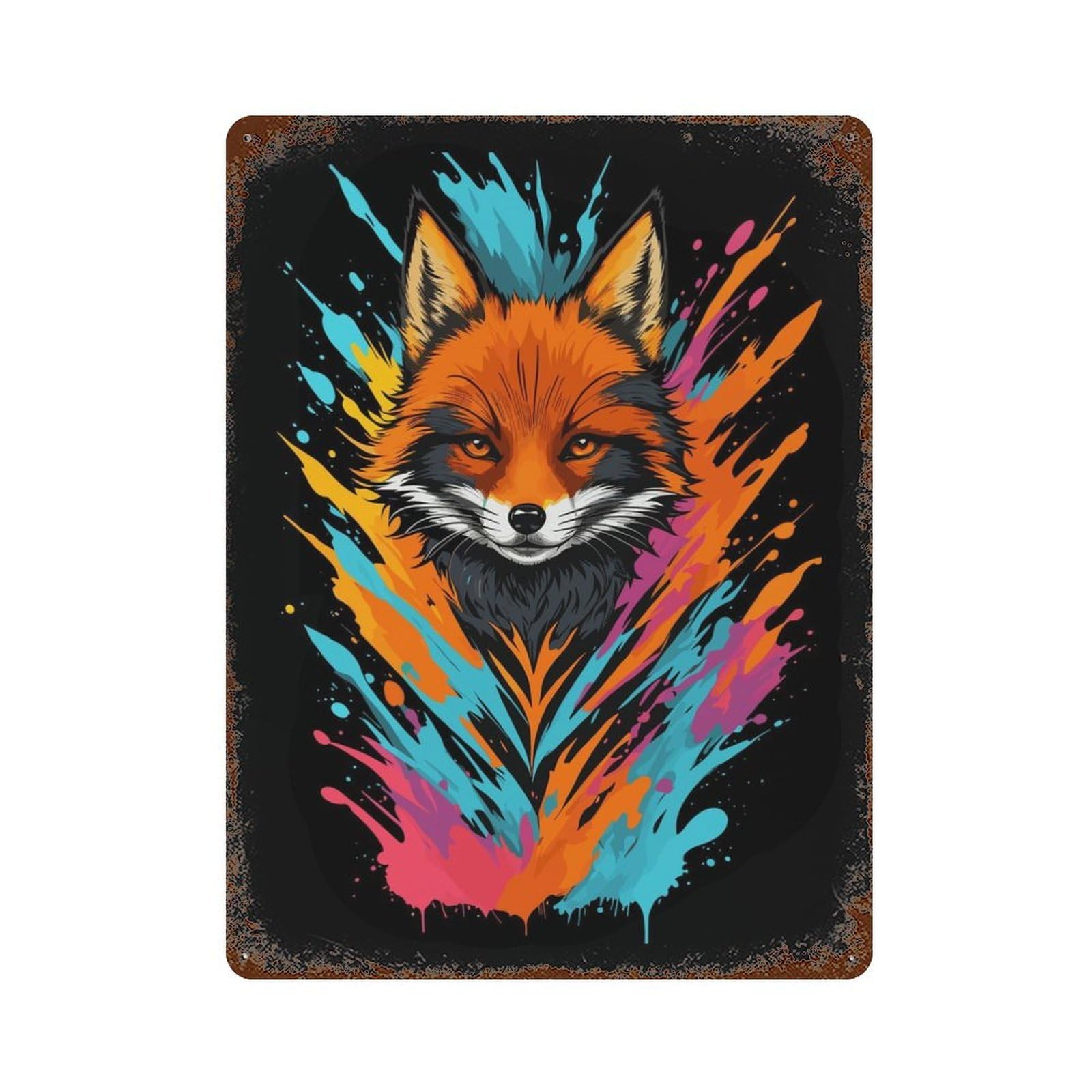 Aged Metal Wall Plaque with Fox Head Graffiti Style Design 15.7"x11.8", for Basement, Hobby Room And Garage Decor, Farmhouse Wall Decor
