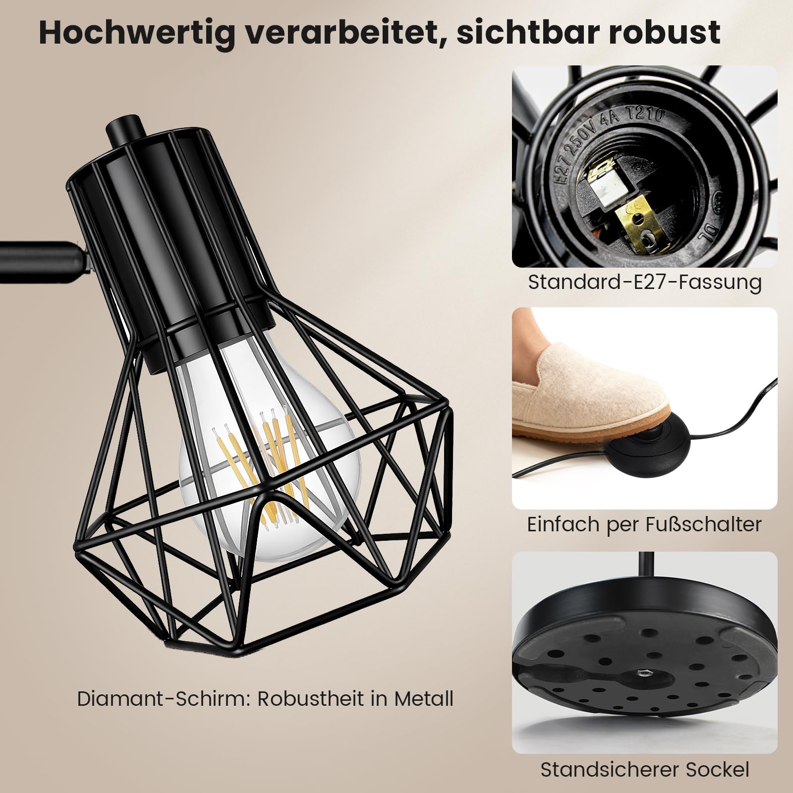 HiBay Stehlampe LED E27 3 Flammig Stehleuchte Schwarz Industrial Floor Lamp mit Fußschalter Stehlampen Rustikale für Wohnzimmer, Schlafzimmer, Büro(Ohne Leuchtmittel) | LED Floor Lamp Rustikale mit Stecker Industriell Metall 230V Max. 60 Watt für Wohnzimm