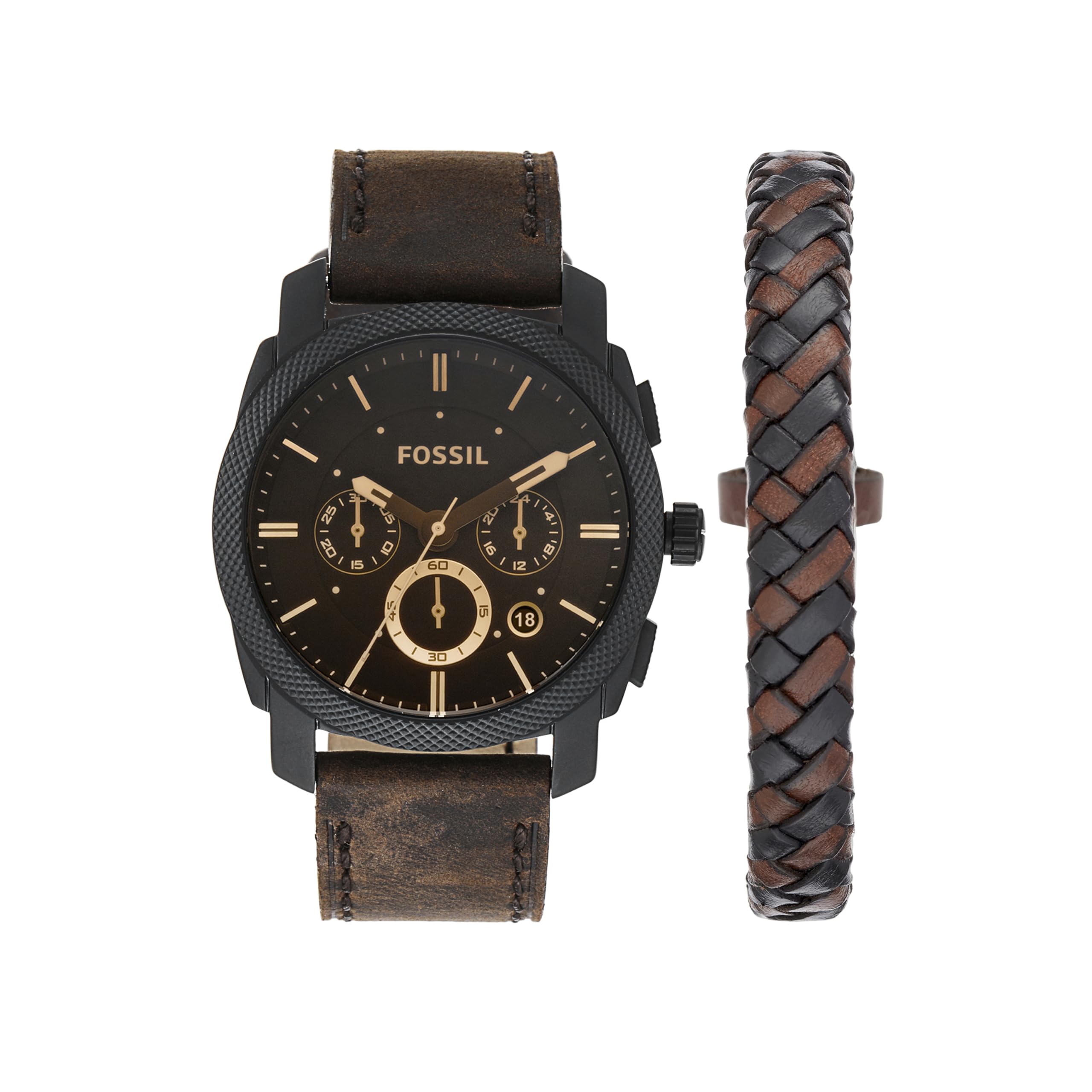 Fossil Machine Uhr für Herren, Chronographenwerk mit Edelstahl- oder Lederarmband, Dunkelbraun, 42MM & Herren Halskette aus Edelstahl und Leder 0.6 x 41.1 x 2.2