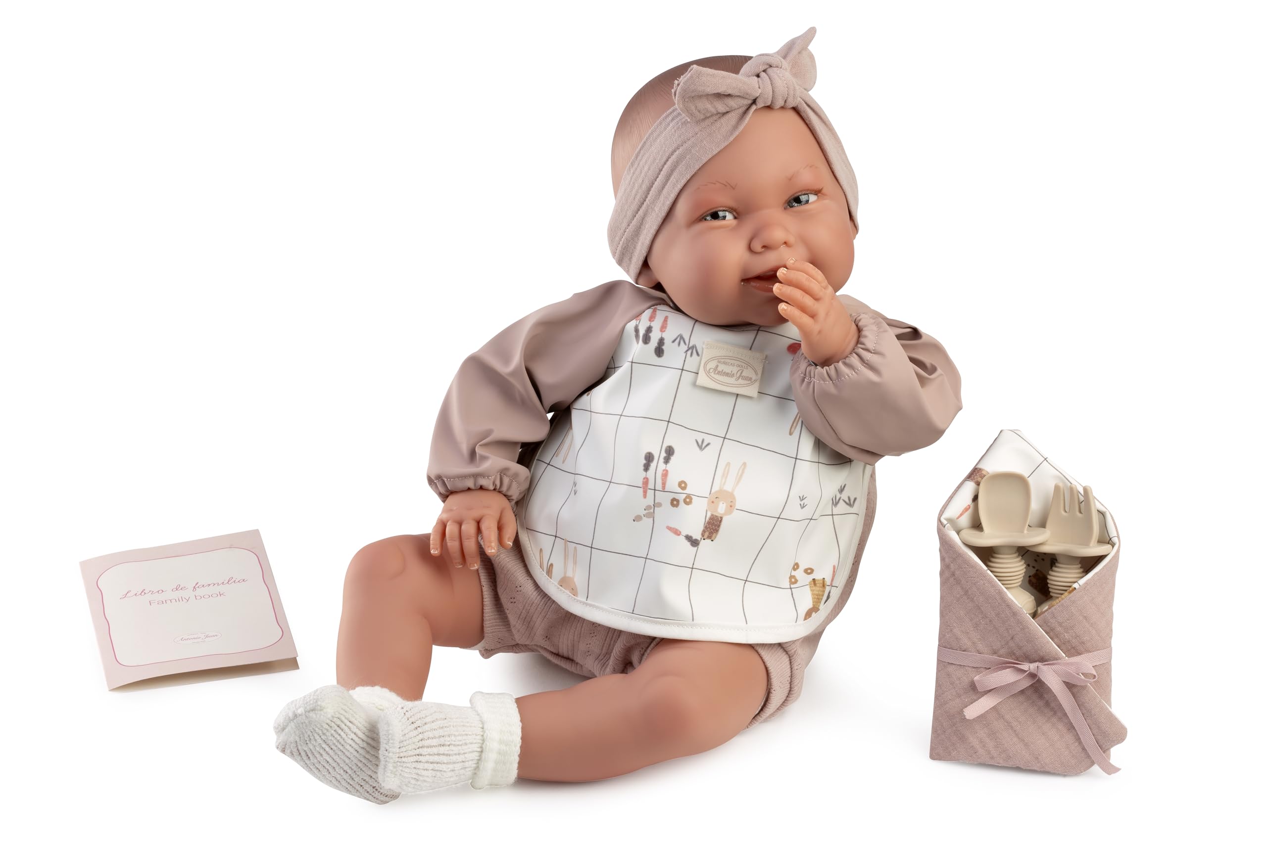 Muñecas Antonio Juan Mi Primer Reborn Martina Merienda, Muñeca Bebé Reborn con Set de Merienda, Libro de Familia y Accesorios