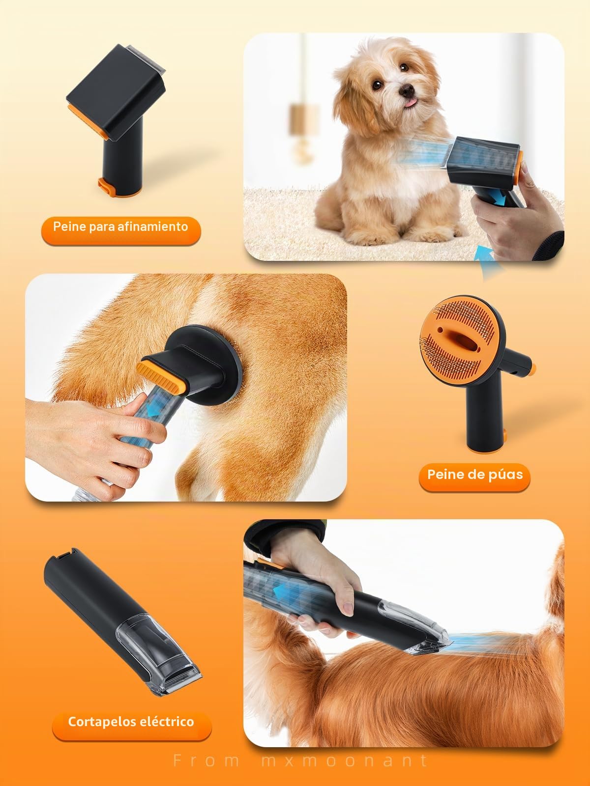 Mxmoonant Set 3-en-1 cuidado pelaje perro: aspiradora, secador, cortapelo | velocidad y temperatura regulables, 7 accesorios, bolsa y toalla incluidas