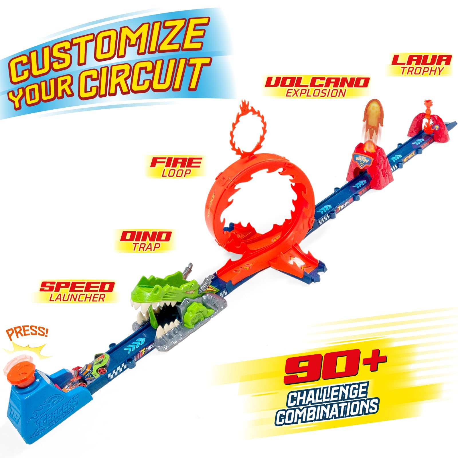 T-Racers Mix'N Race Volcanosaurus – Piste De Course Avec Déclencheur, 3 Pistes, Voiture Nitro Rex Et 4 Acrobaties, Dès 3 Ans