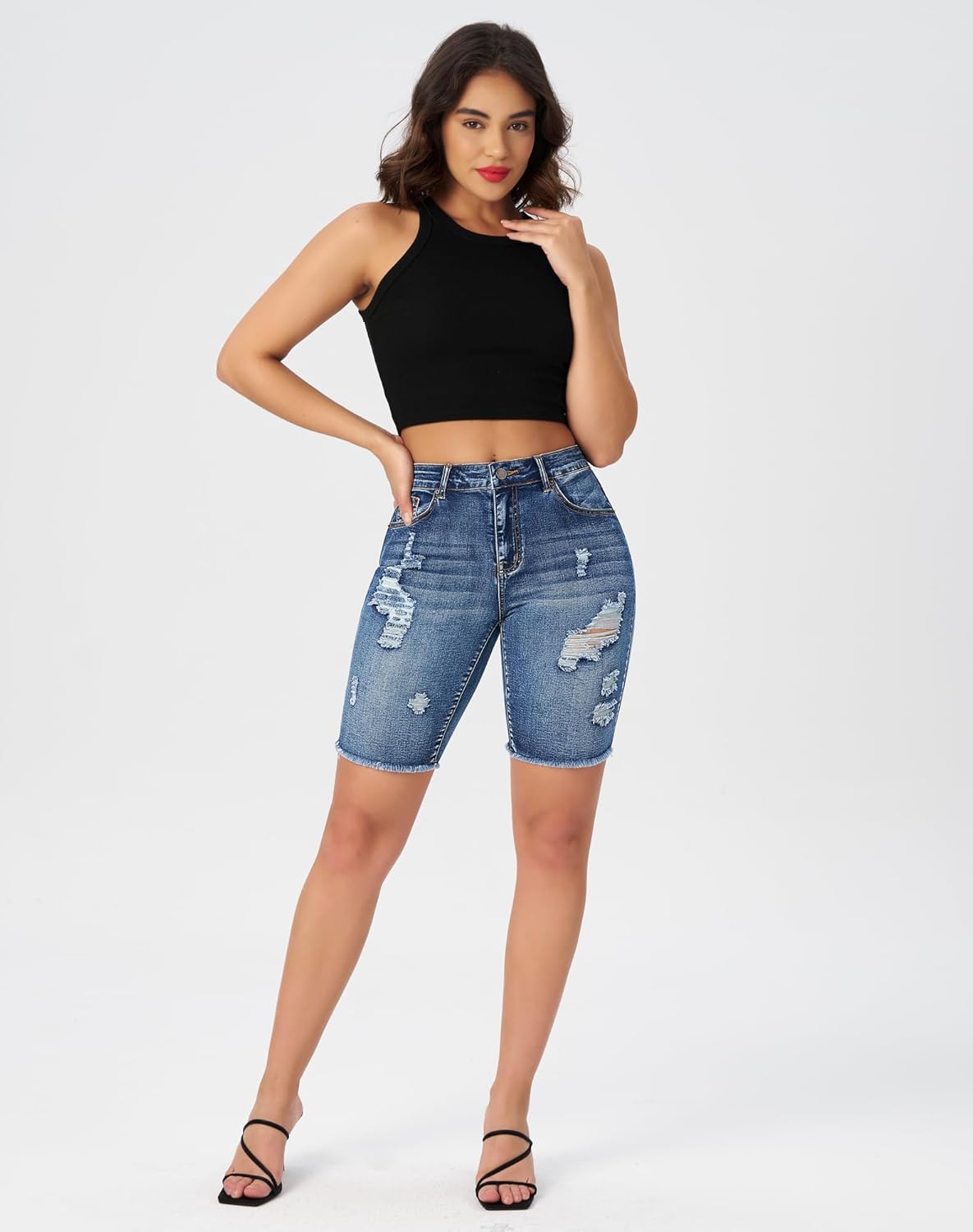 roswear Women's Bermuda Shorts Distressed High Waisted Denim Jean Shorts with Frayed Hem - Image 2