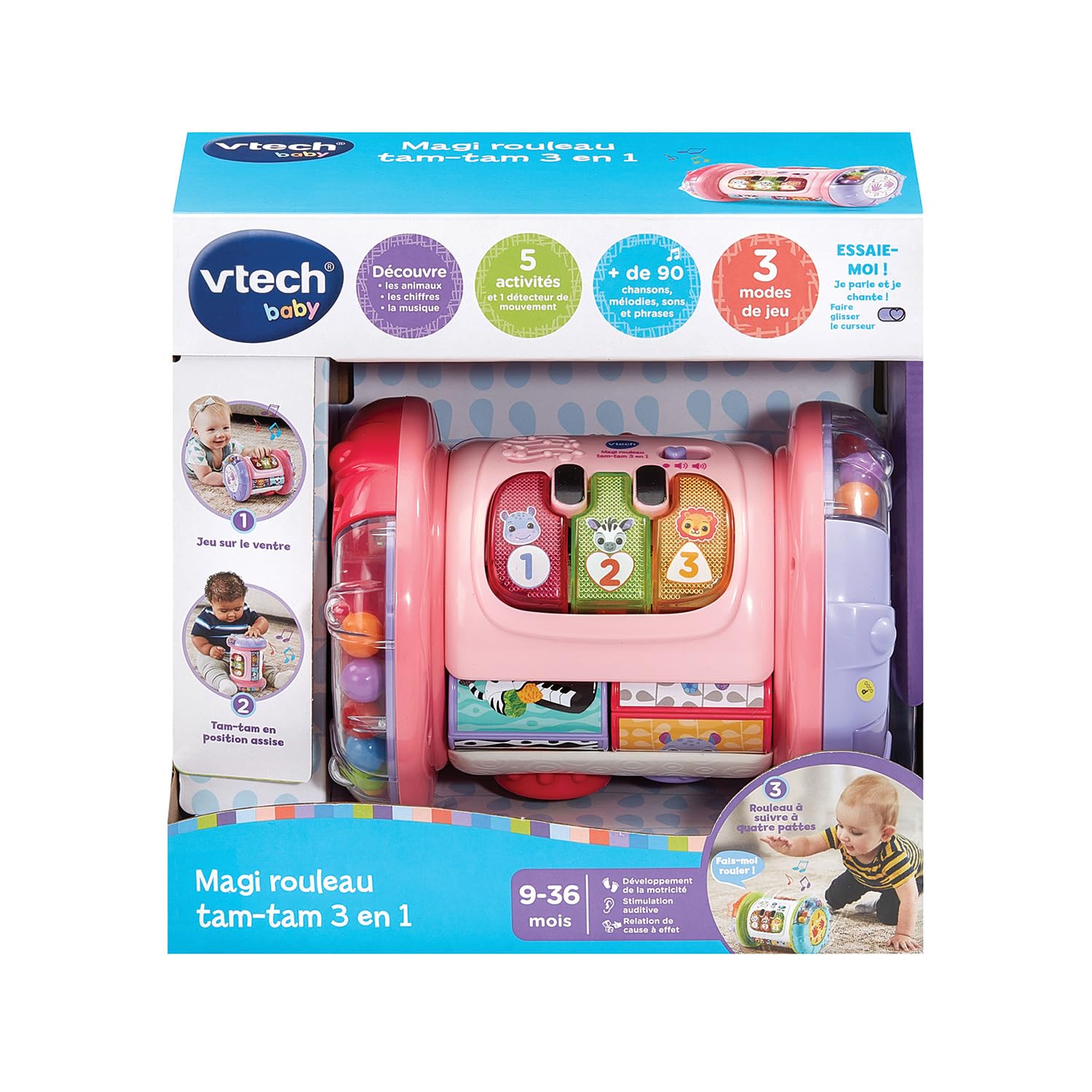 VTech - Magi Rouleau Tam-Tam 3 en 1 Rose - Jouet Musical Évolutif - Tambour Enfant Qui Roule, Motricité Bébé - Jouet d'Activité et de Développement - Cadeau Bébé Dès 9 Mois - Contenu en Français