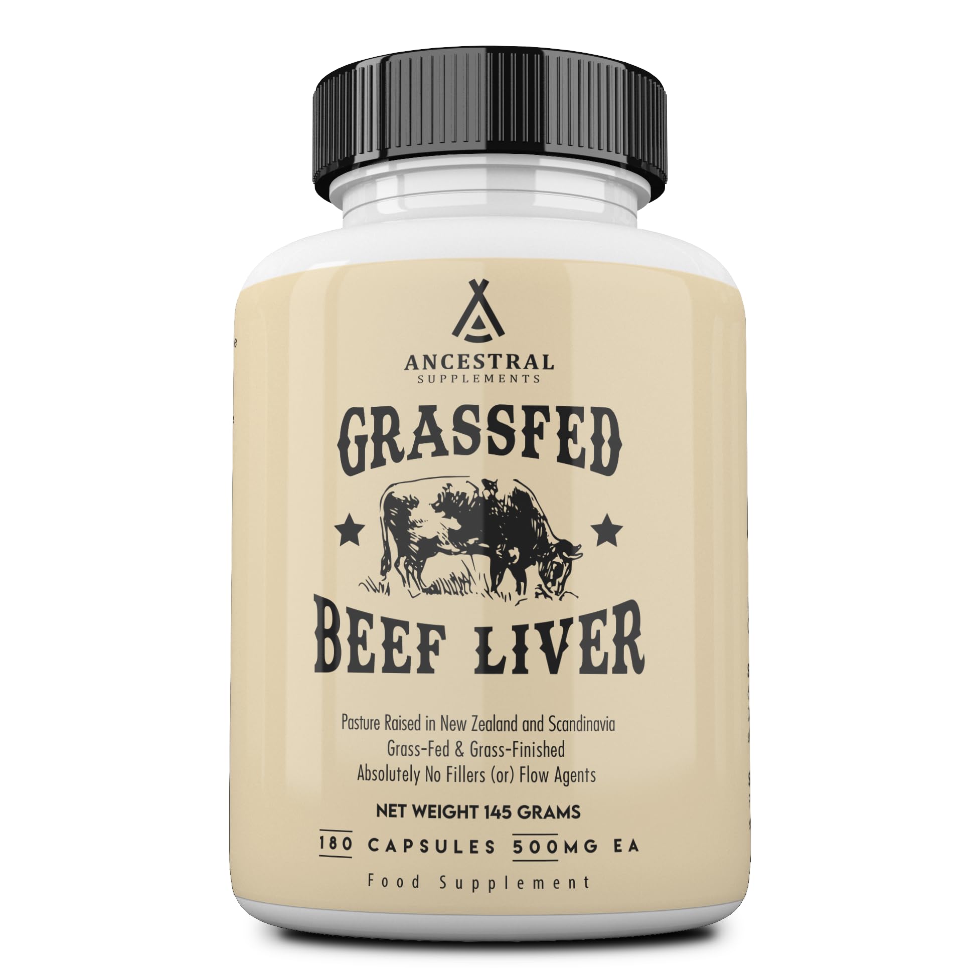 Ancestral Supplements Grass Fed Beef Liver Capsules, Supports Energy Production, Detoxification, Digestion, Immunity and Full Body Wellness, Non-GMO, Freeze Dried Liver Health Supplement, 180 Capsules
