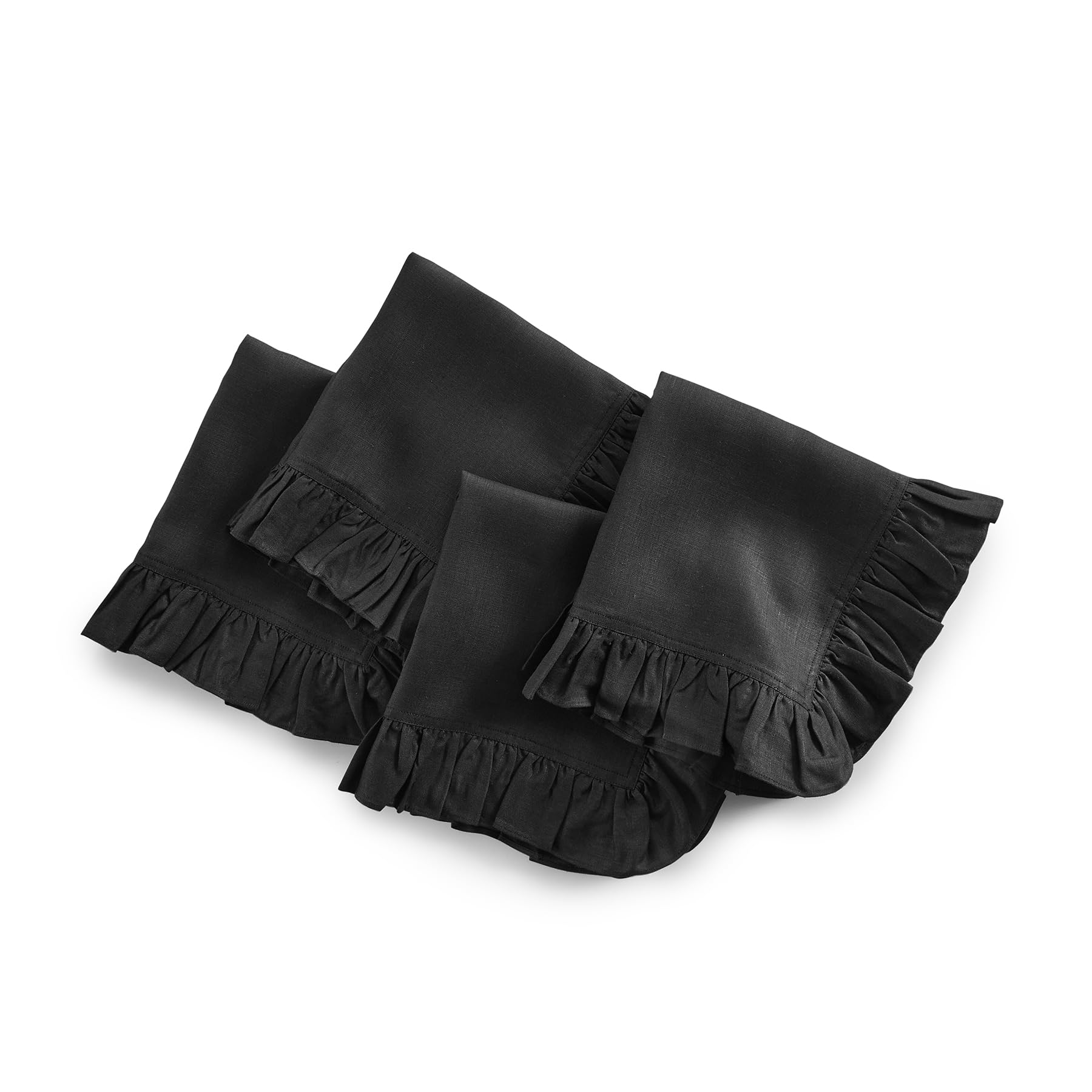 Solino Home Linen Ruffle Cloth Napkins Set of 4-100% Pure Linen Black Dinner Napkins 20 x 20 Inch - Gabrielle Ruffle, Handcrafted and Machine Washable