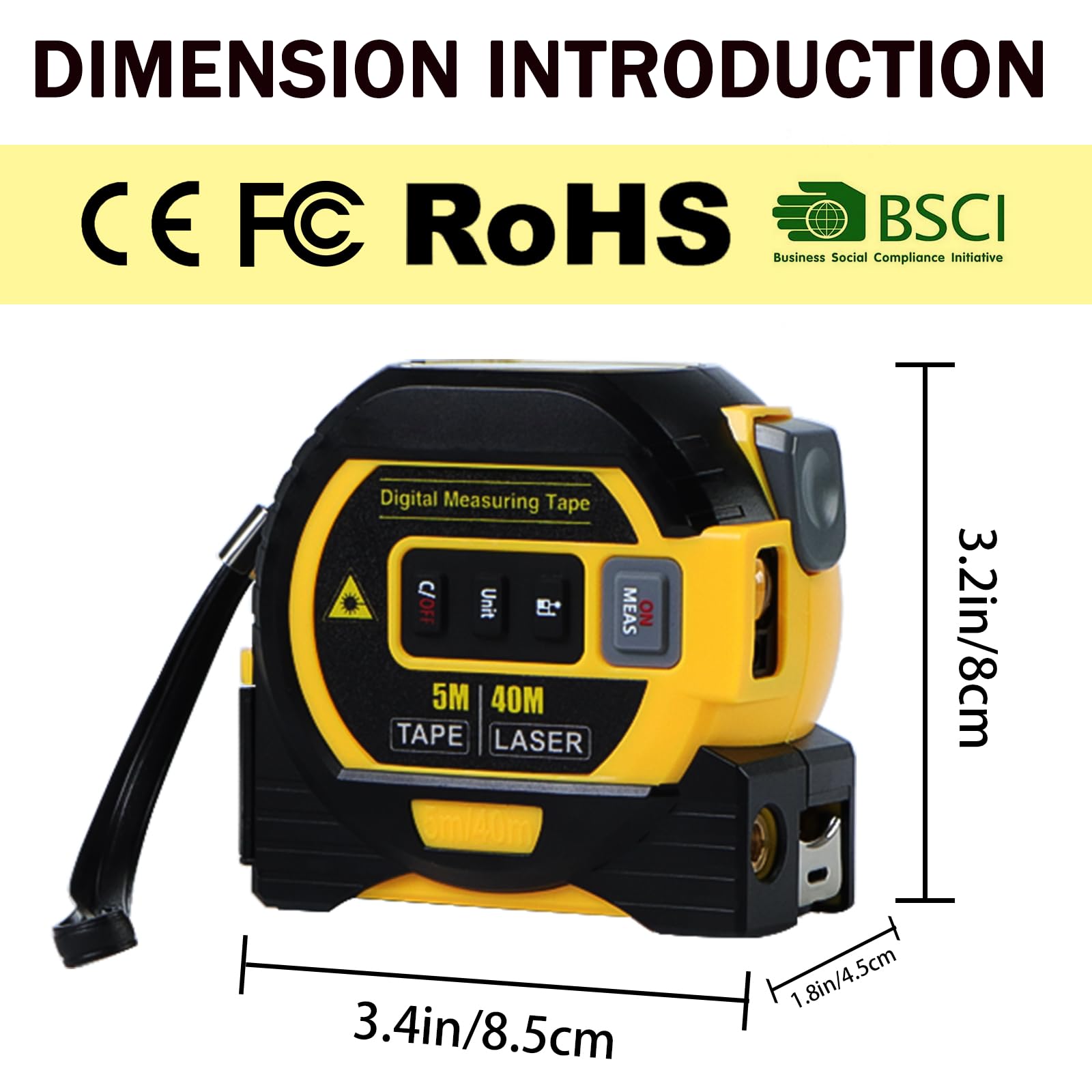 Fitdays Mètre Laser 3-en-1 avec Ligne Croisée | 40m Laser + 5m Ruban AutoBloc | Grand Écran LCD (m/ft/in) & Calculs Surface/Volume | Bricolage, BTP, Professionnels