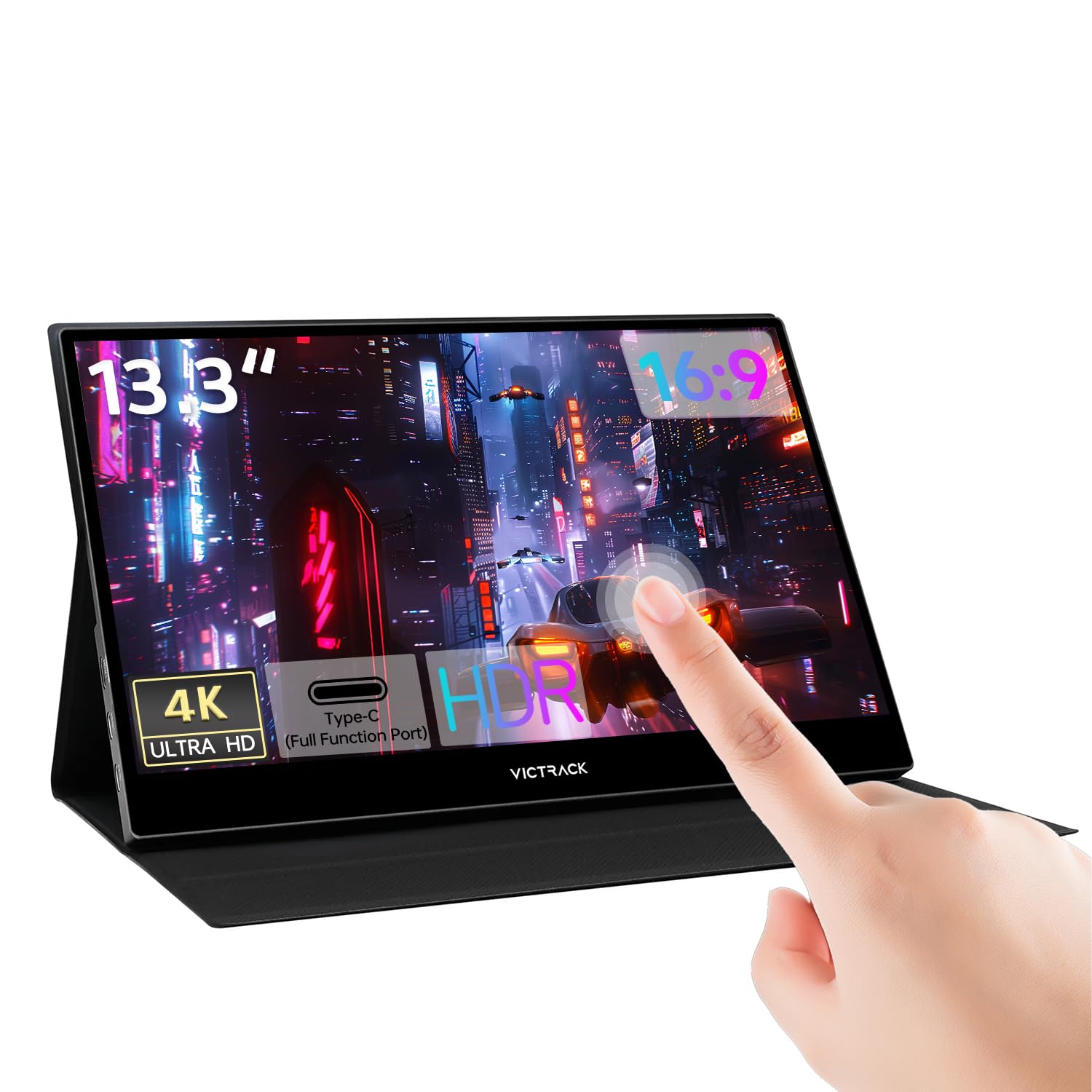 VICTRACK 4K UHD Touchscreen Ultra Portable Monitor for Gaming and Designing, 13.3“ Slim UHD (3840 x 2160) Touch 100% sRGB, Type-C, USB & Mini HDMI
